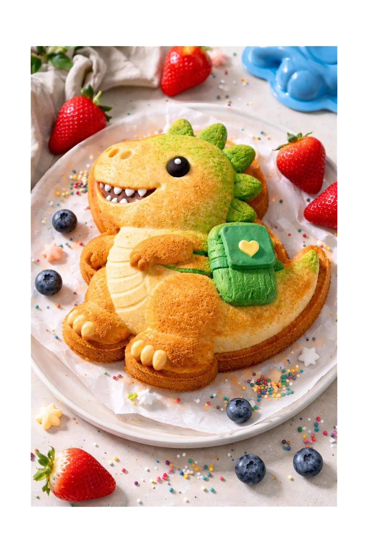 Ein dinosaurierförmiger Kuchen mit grünem Rucksack, umgeben von Erdbeeren und Blaubeeren auf einem Teller.