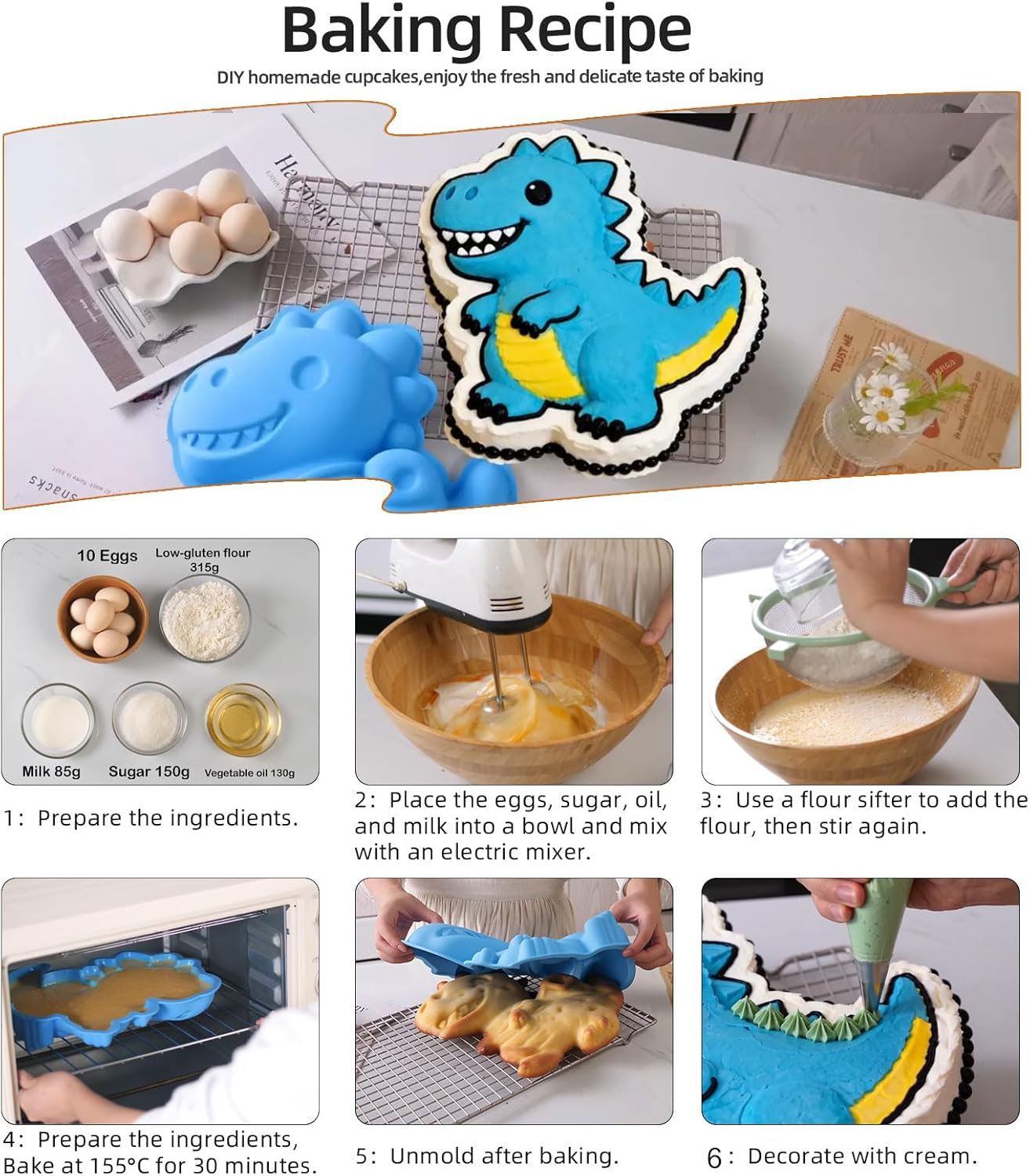 Schritt-für-Schritt-Backanleitung für einen süßen blauen Dinosaurierkuchen mit Zutaten, Mischen, Backen und Dekorieren.