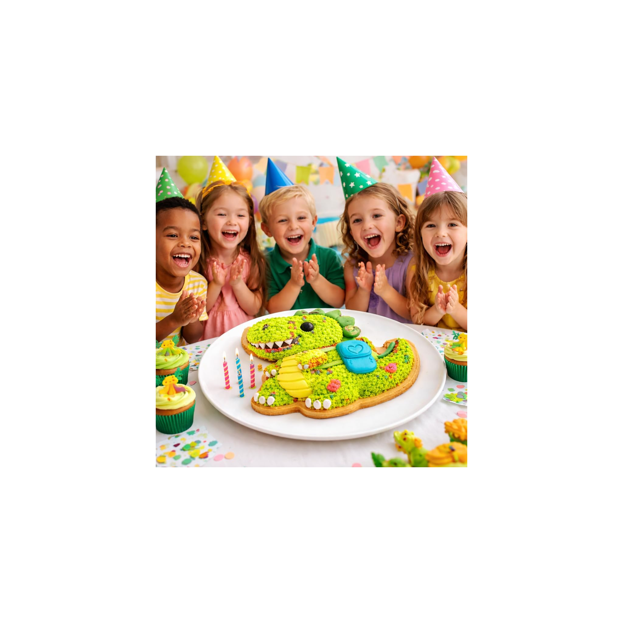 Fünf glückliche Kinder in Partyhüten klatschen vor einer Dinosaurier-Torte mit brennenden Kerzen.