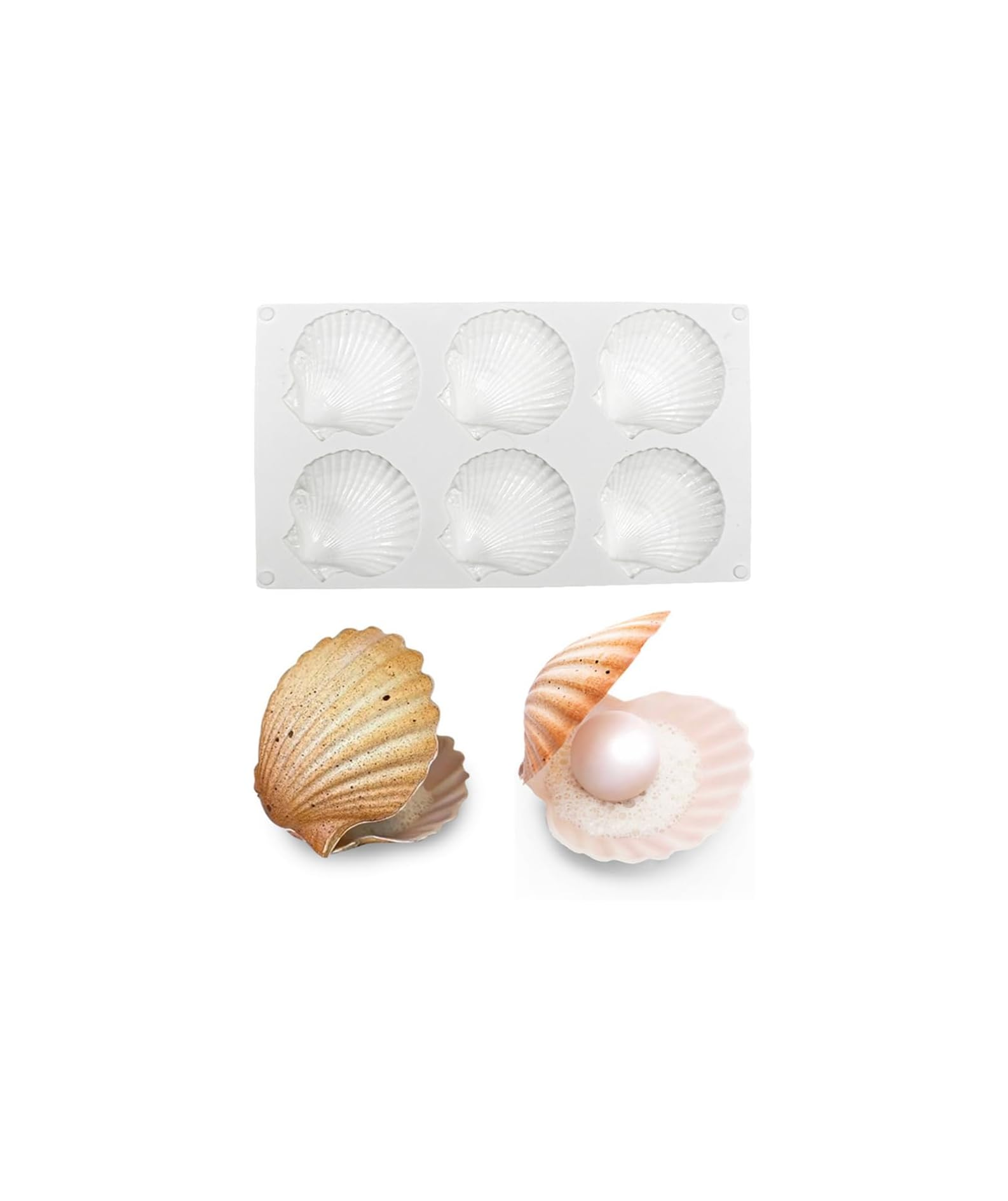 Eine Muschel-Silikonform oben, mit zwei geschlossenen und geöffneten Muscheln unten, eine davon mit einer Perle.