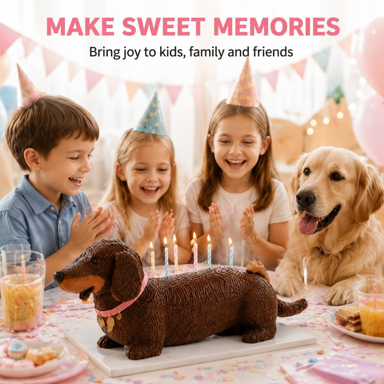Kinder und ein Hund feiern einen Geburtstag mit einer Hundekuchen-Torte.