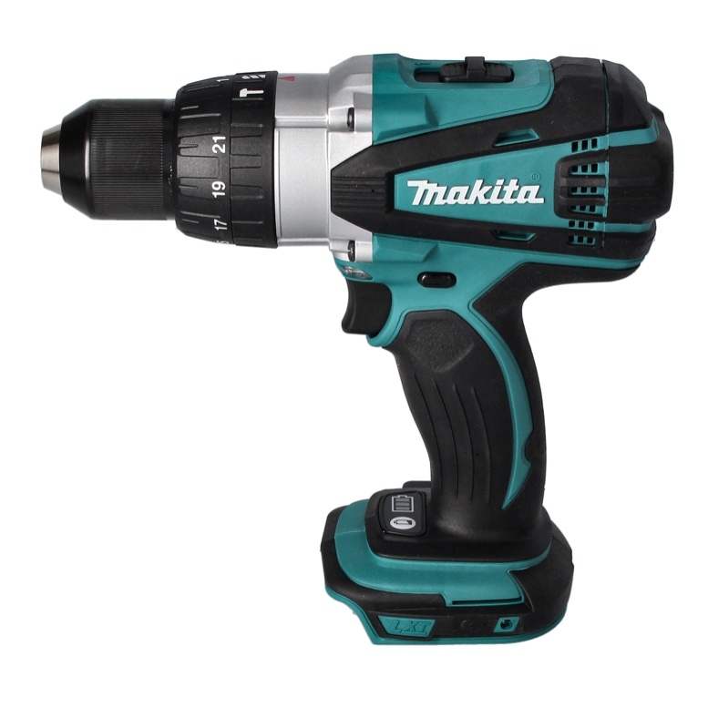 Eine Akku-Bohrmaschine von Makita in Türkis und Schwarz auf weißem Hintergrund.