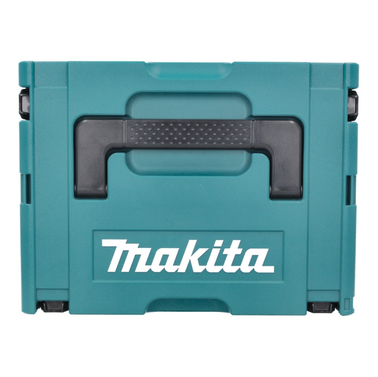 Ein türkisfarbener Makita-Werkzeugkasten mit schwarzem Griff und weißem Logo.