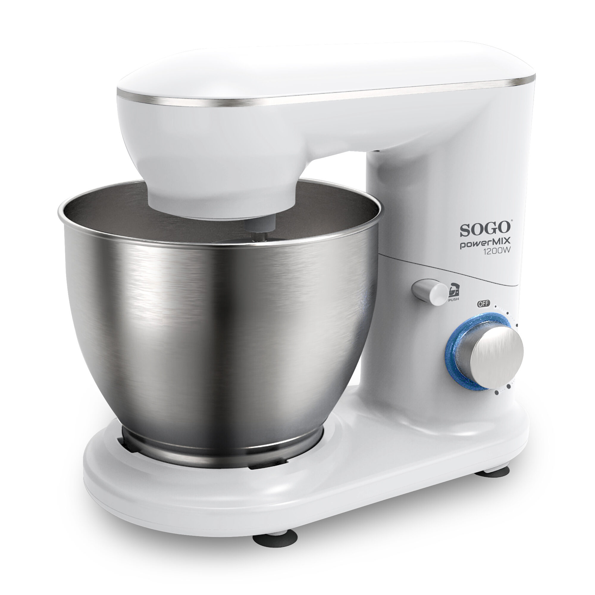 Un'impastatrice planetaria bianca SOGO PowerMix 1200W con ciotola in acciaio inox su sfondo bianco.