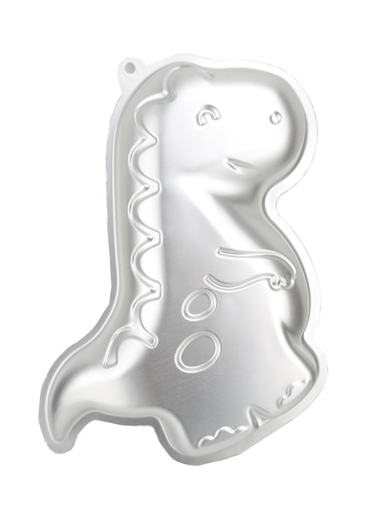 Eine silberne Backform in Dinosaurierform vor weißem Hintergrund.