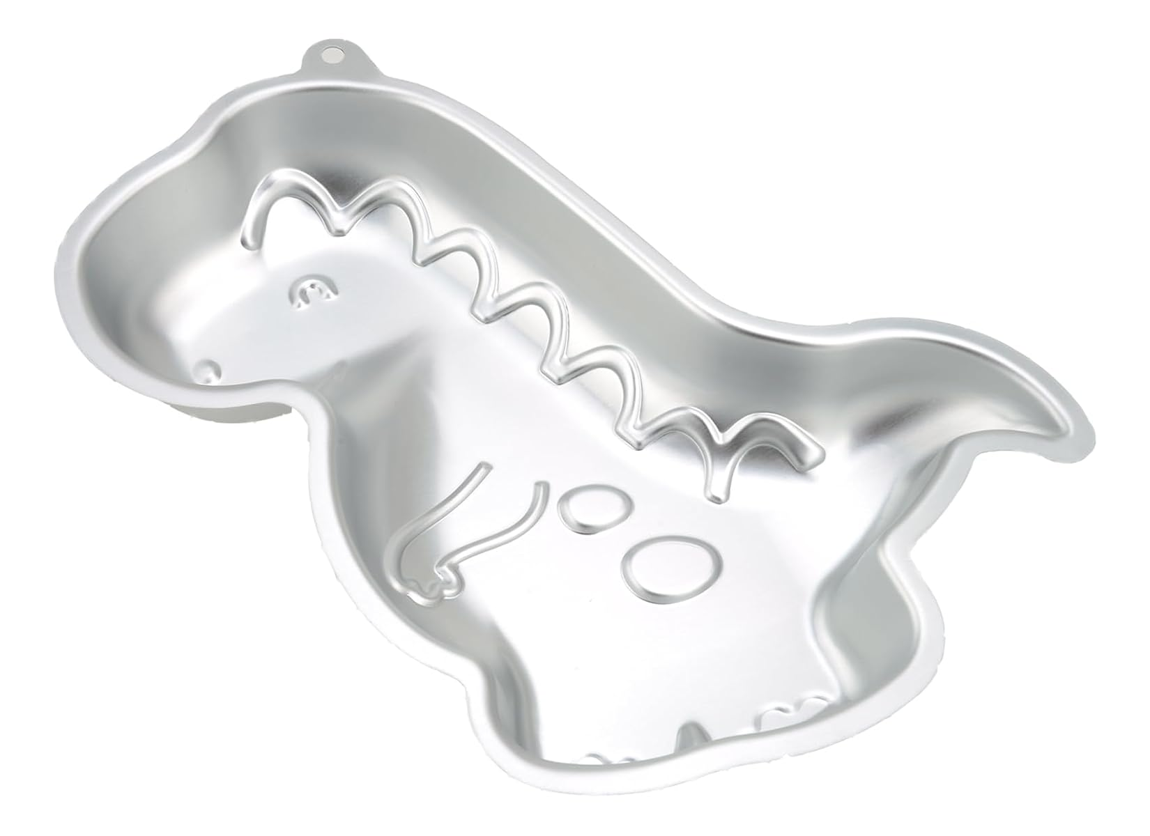 Glänzende silberne Dinosaurier-Backform auf weißem Hintergrund isoliert.
