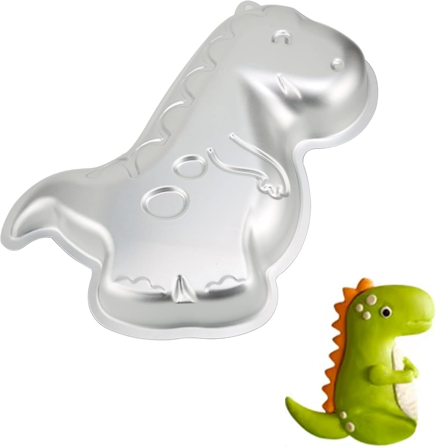 Glänzende Dinosaurier-Backform auf weißem Grund, daneben ein fertiger grüner Dinosaurier-Kuchen.