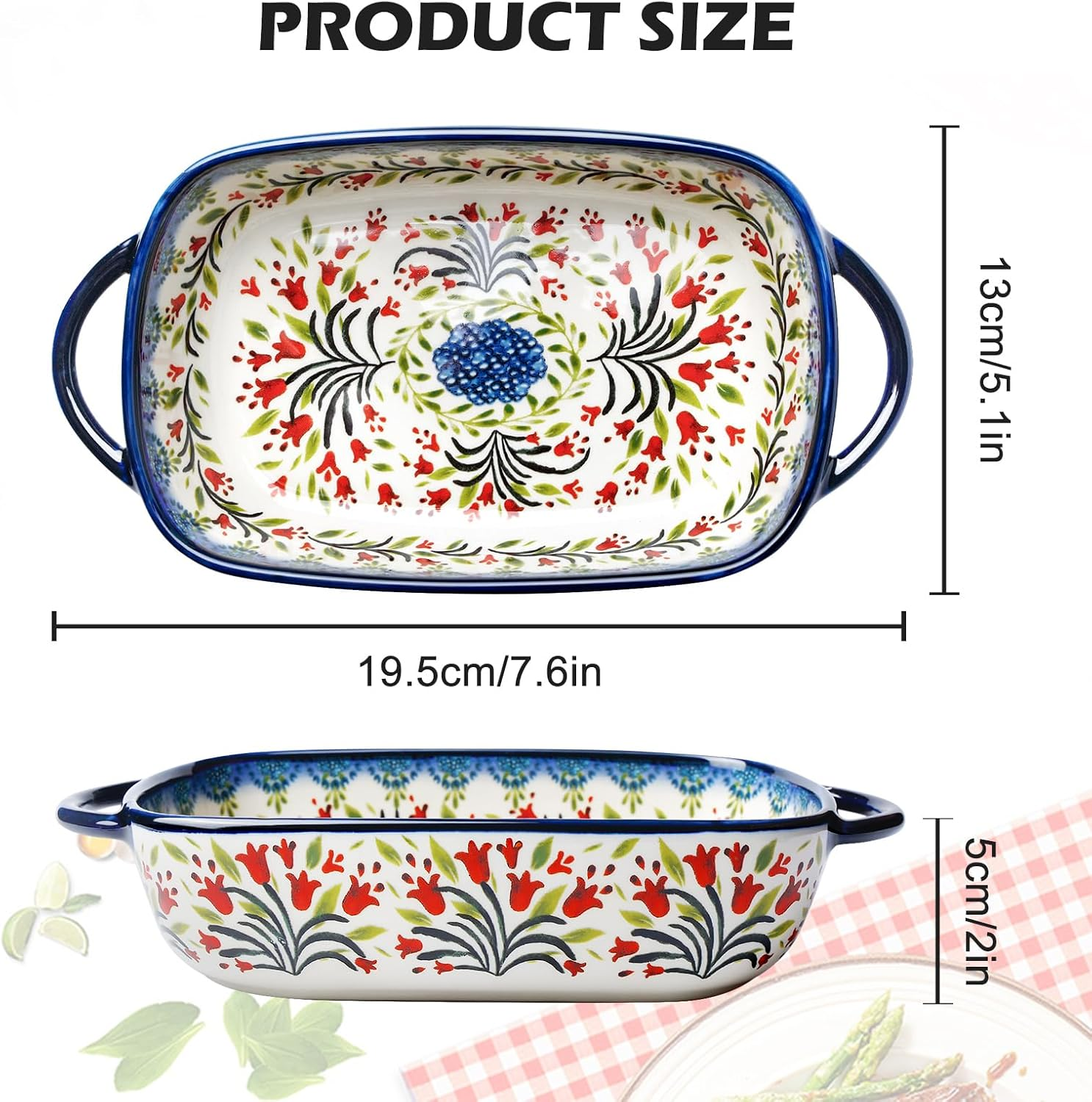 Rechteckige Keramik-Auflaufform mit blauem Rand und buntem Blumenmuster sowie Maßangaben.