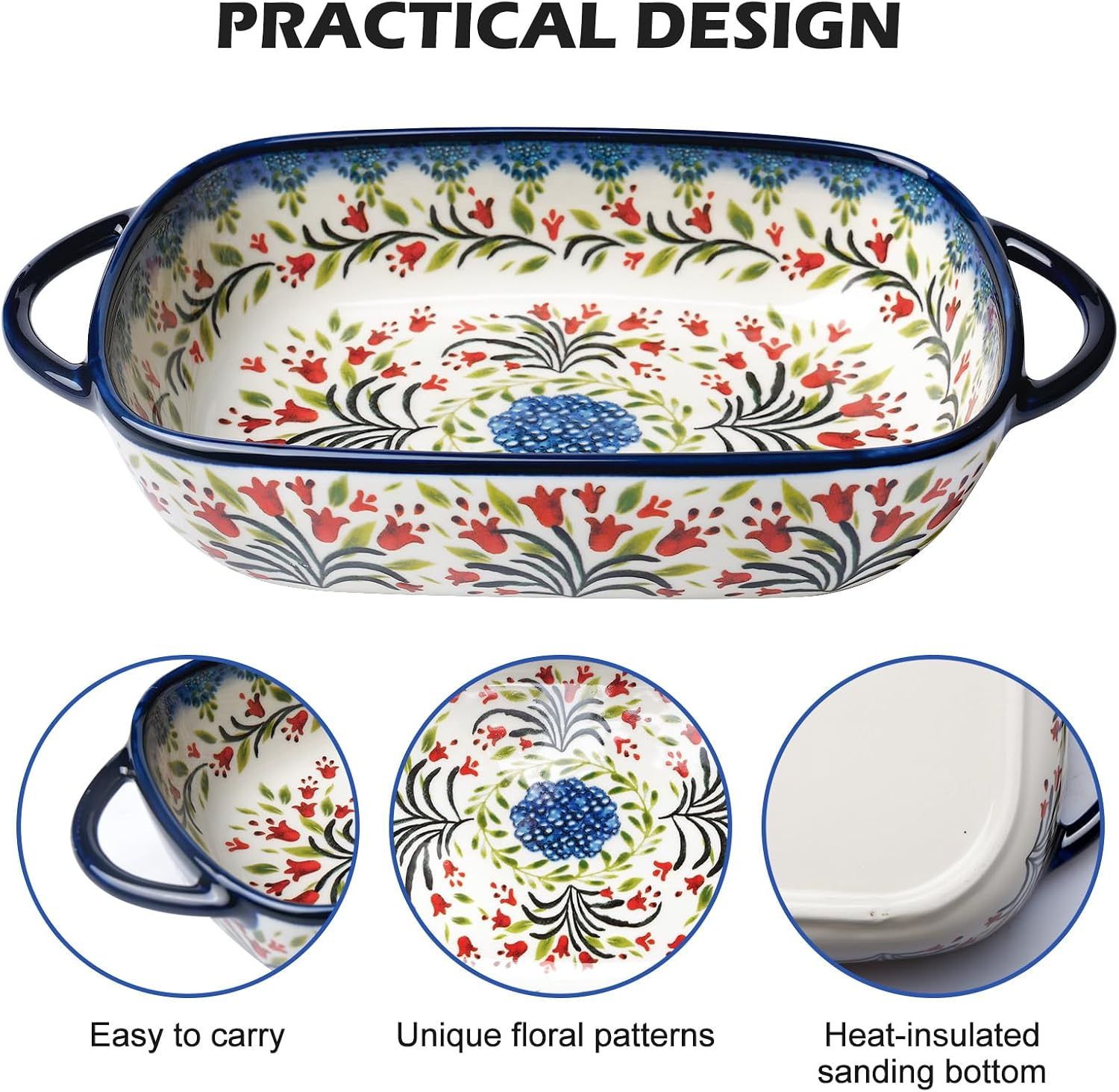 Rechteckige Keramik-Auflaufform mit Blumenmuster, blauen Griffen und Detailaufnahmen von Griff, Muster und Boden.