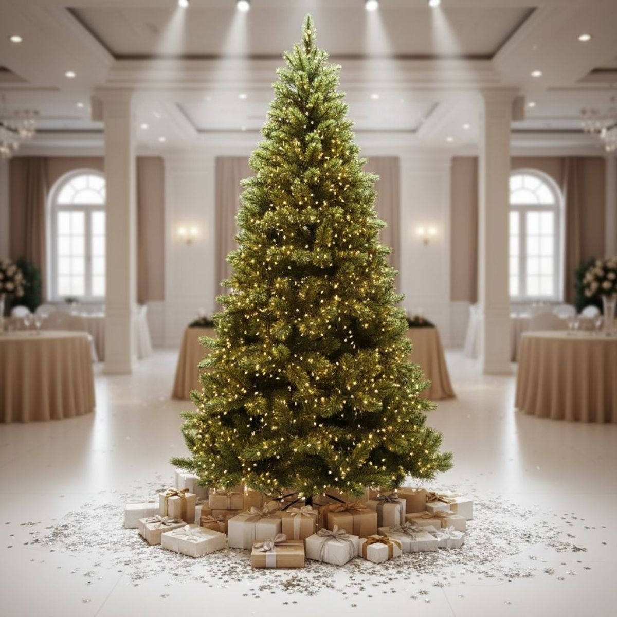 Een verlichte kerstboom staat centraal in een heldere balzaal, omringd door cadeautjes en zilverglitter.