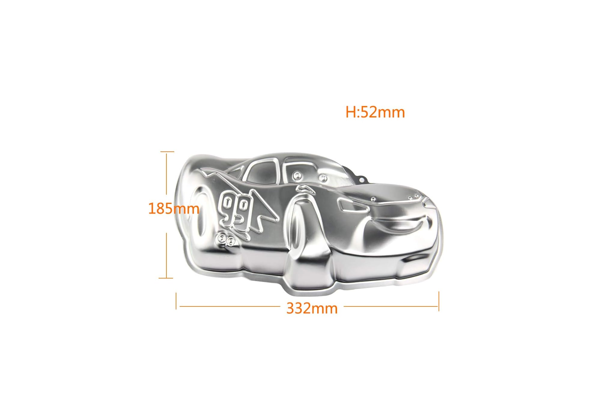 Glänzende silberne Auto-Kuchenform mit Maßen 332mm, 185mm und 52mm.