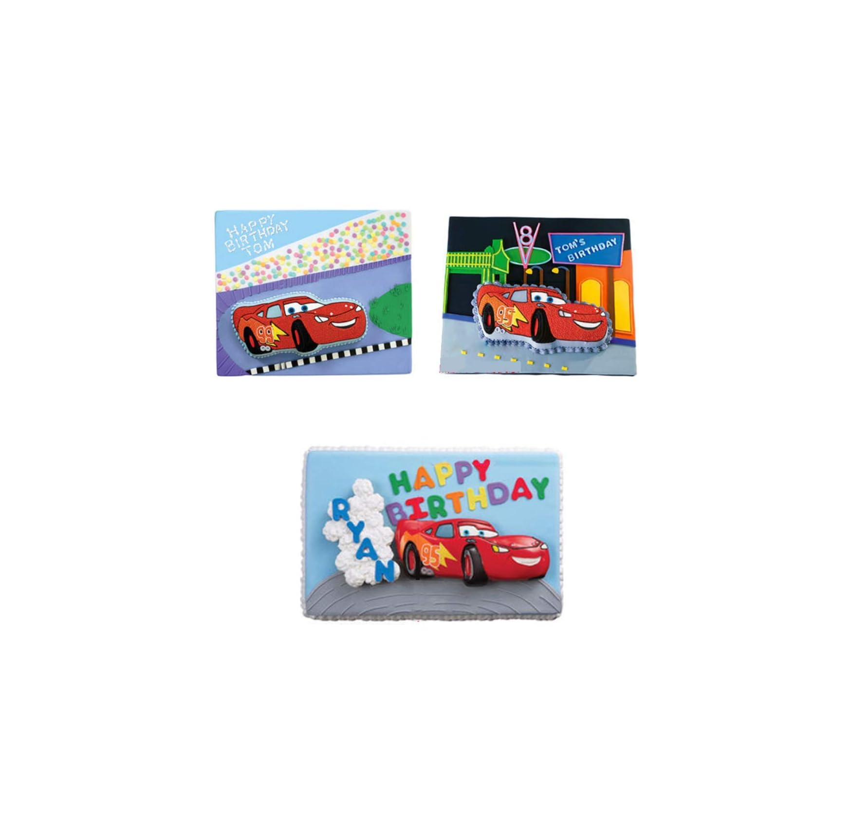Drei rechteckige Geburtstagstorten mit dem roten Rennauto Lightning McQueen als Motiv.