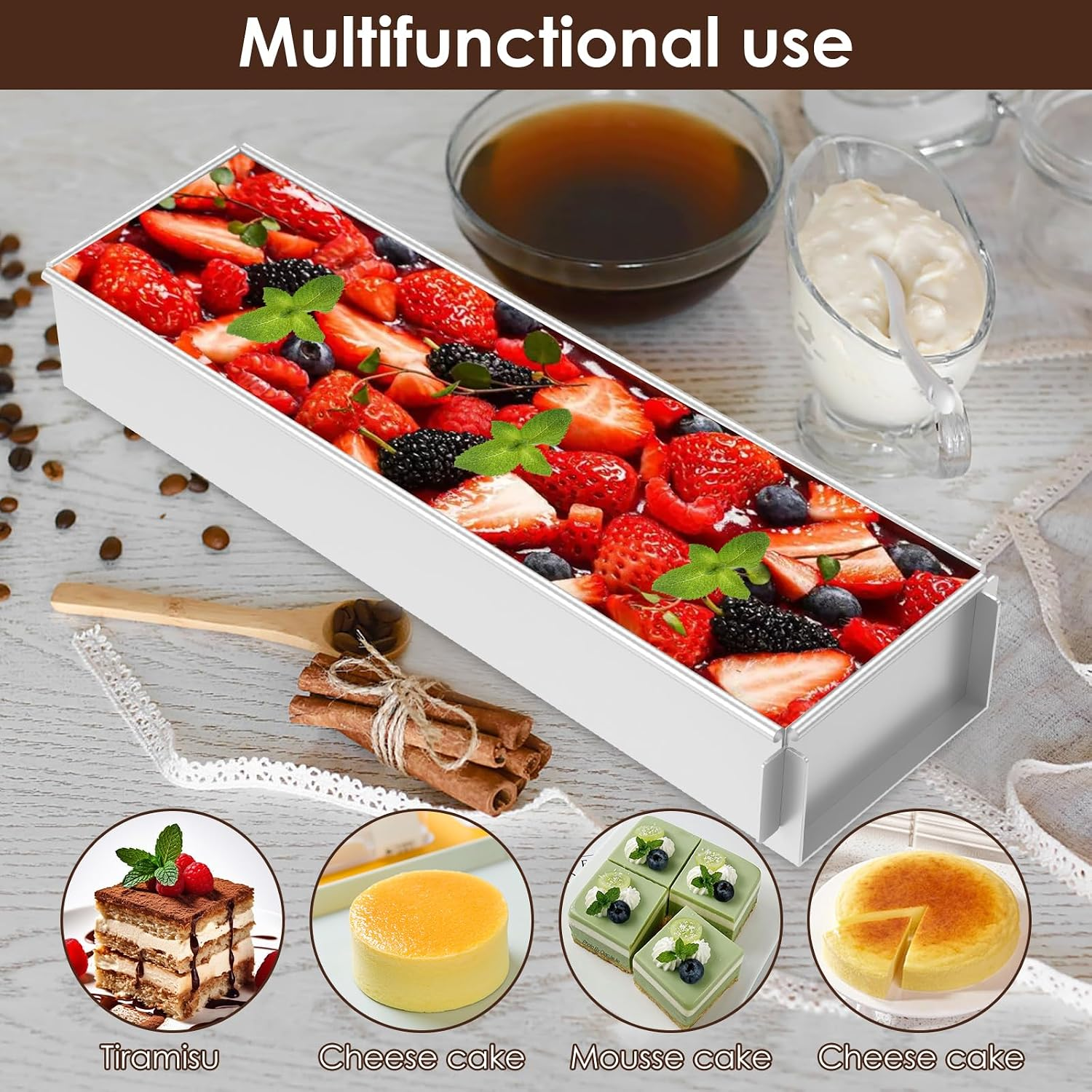 Eine rechteckige Kuchenform mit Beeren, daneben kleine Bilder von Tiramisu und Käsekuchen.