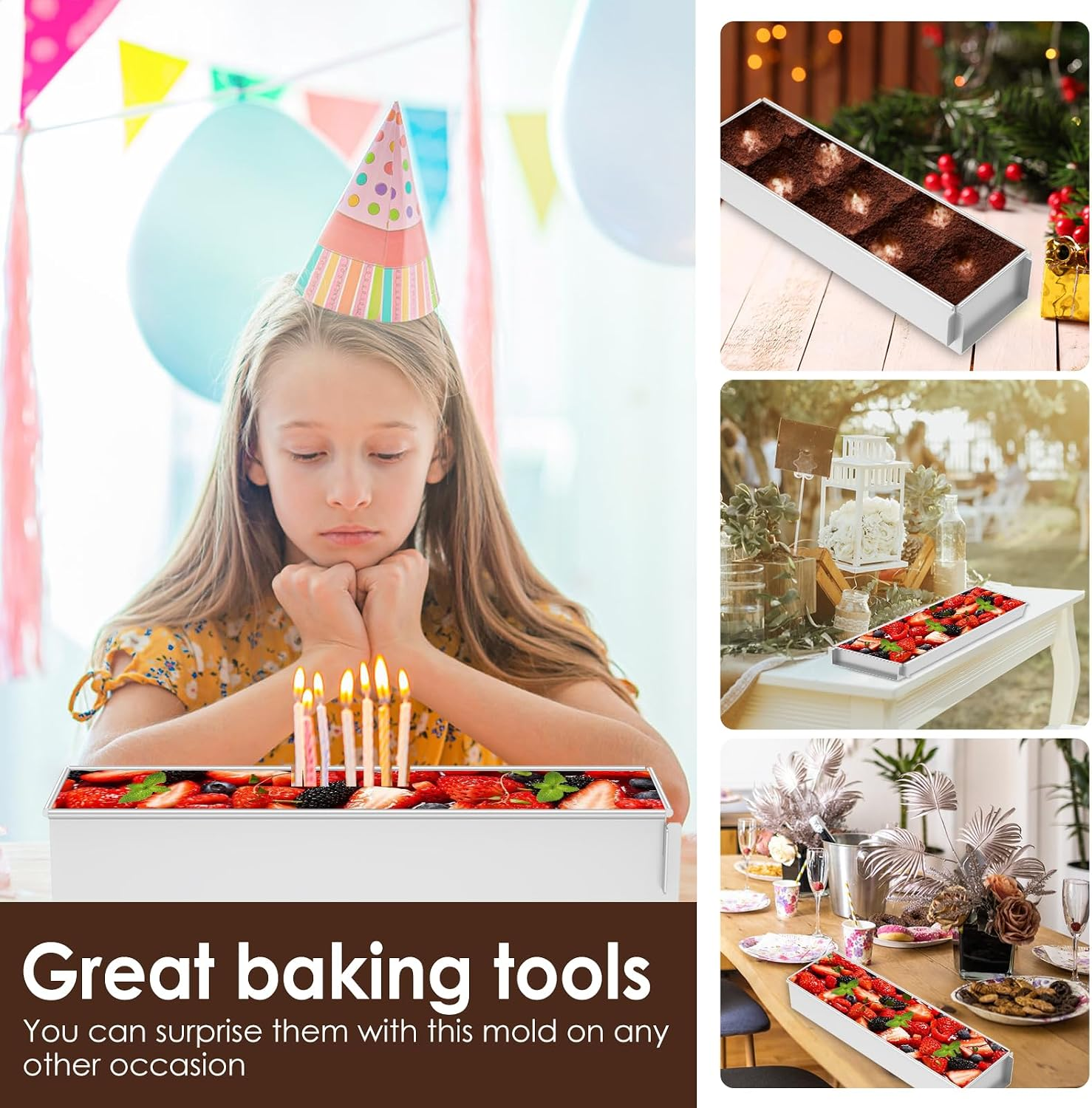 Ein Mädchen mit Partyhut schaut auf einen langen Kuchen mit brennenden Kerzen. Weitere Bilder zeigen den Kuchen.