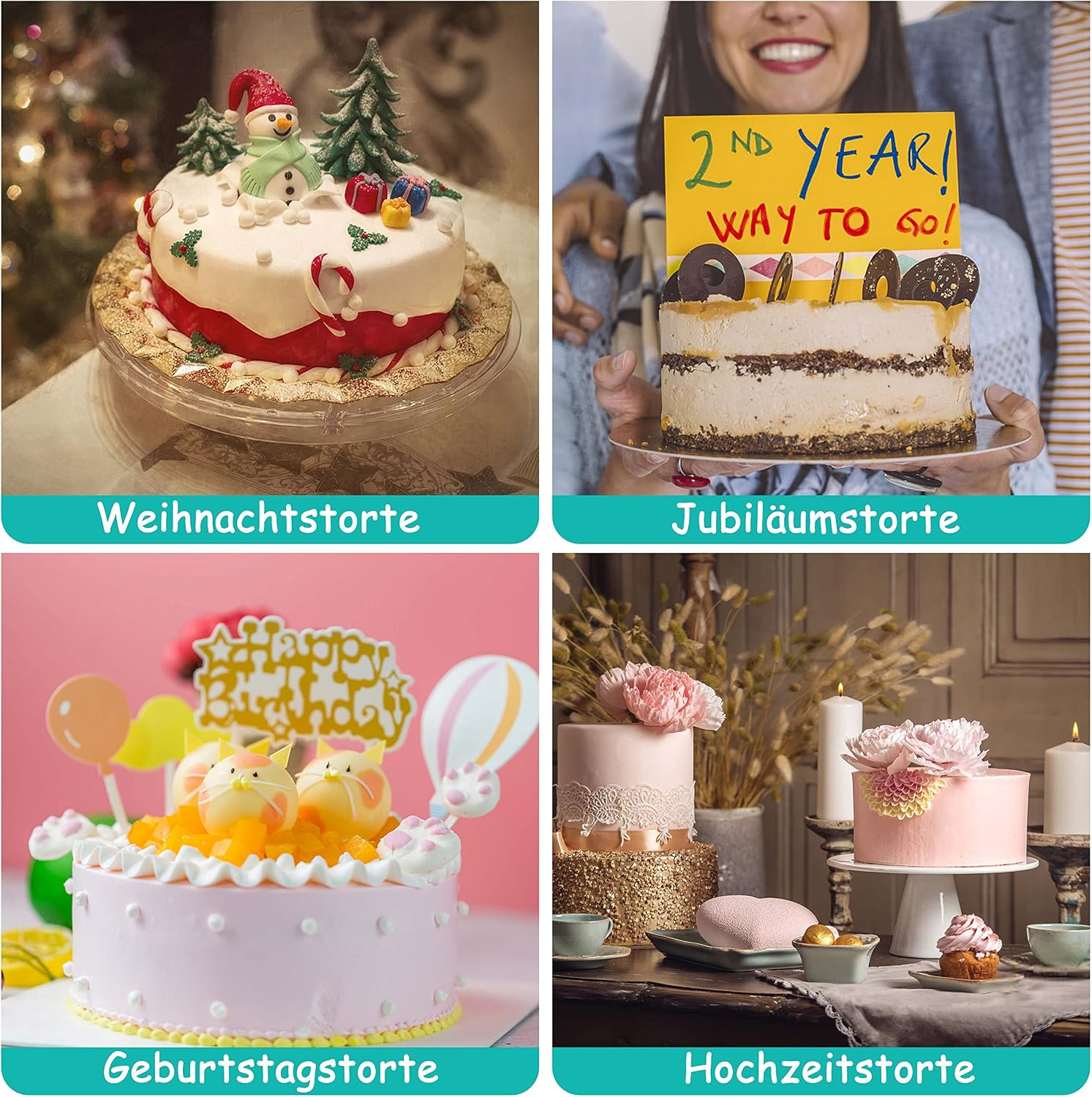 Vier Kuchen mit deutschen Beschriftungen: Weihnachtstorte, Jubiläumstorte, Geburtstagstorte und Hochzeitstorte.