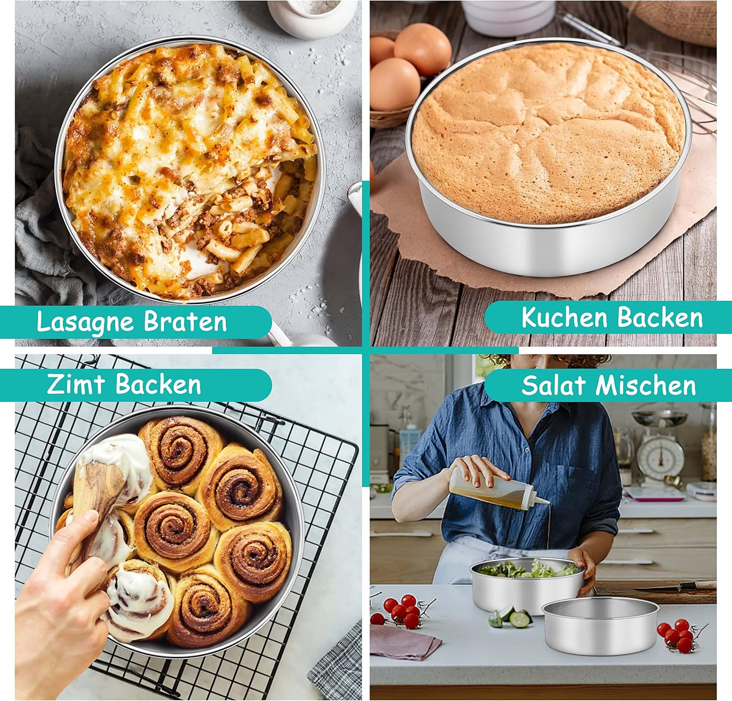Collage mit einer runden Backform für Lasagne, Kuchen, Zimtschnecken und Salat.