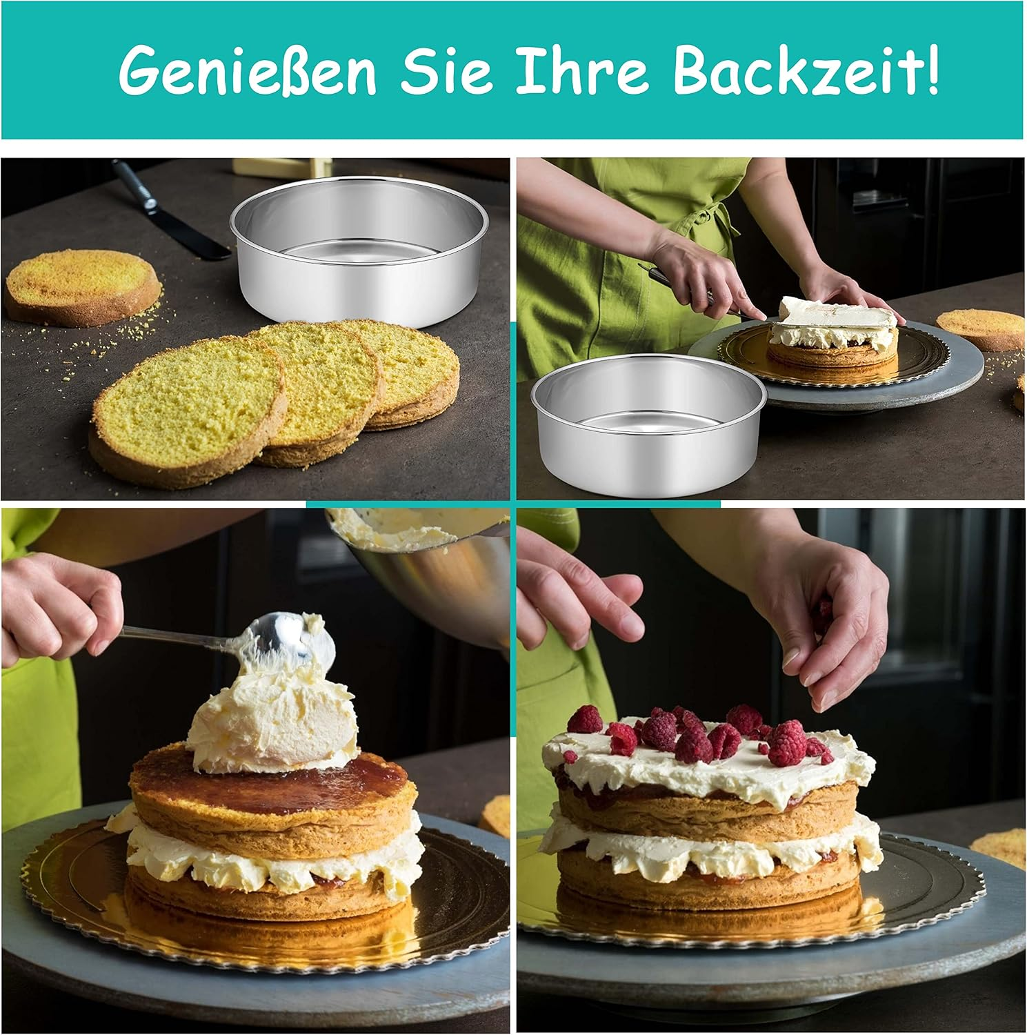 Collage zeigt das Backen und Dekorieren eines mehrschichtigen Kuchens mit Himbeeren.