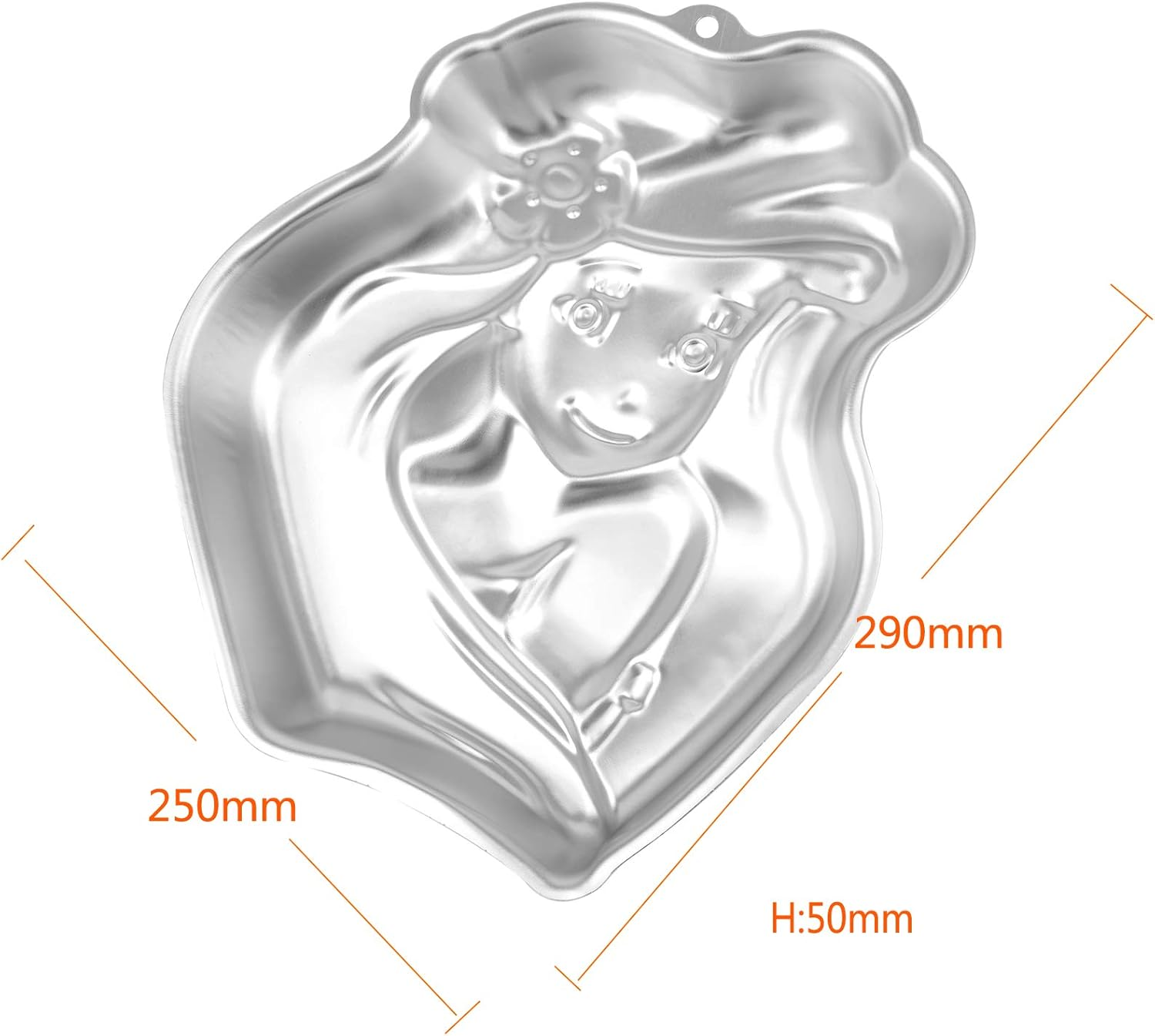 Metall-Backform in Form von Prinzessin Arielle, mit Maßen von 250x290x50 mm.