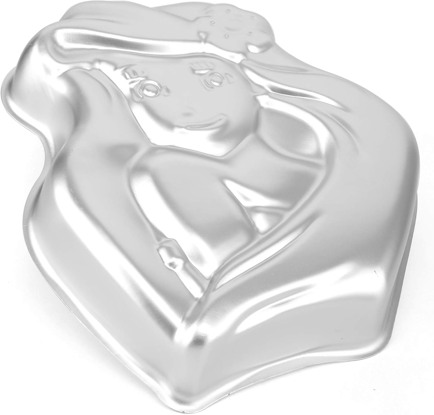 Eine glänzende silberne Backform aus Aluminium in Form einer Meerjungfrau.