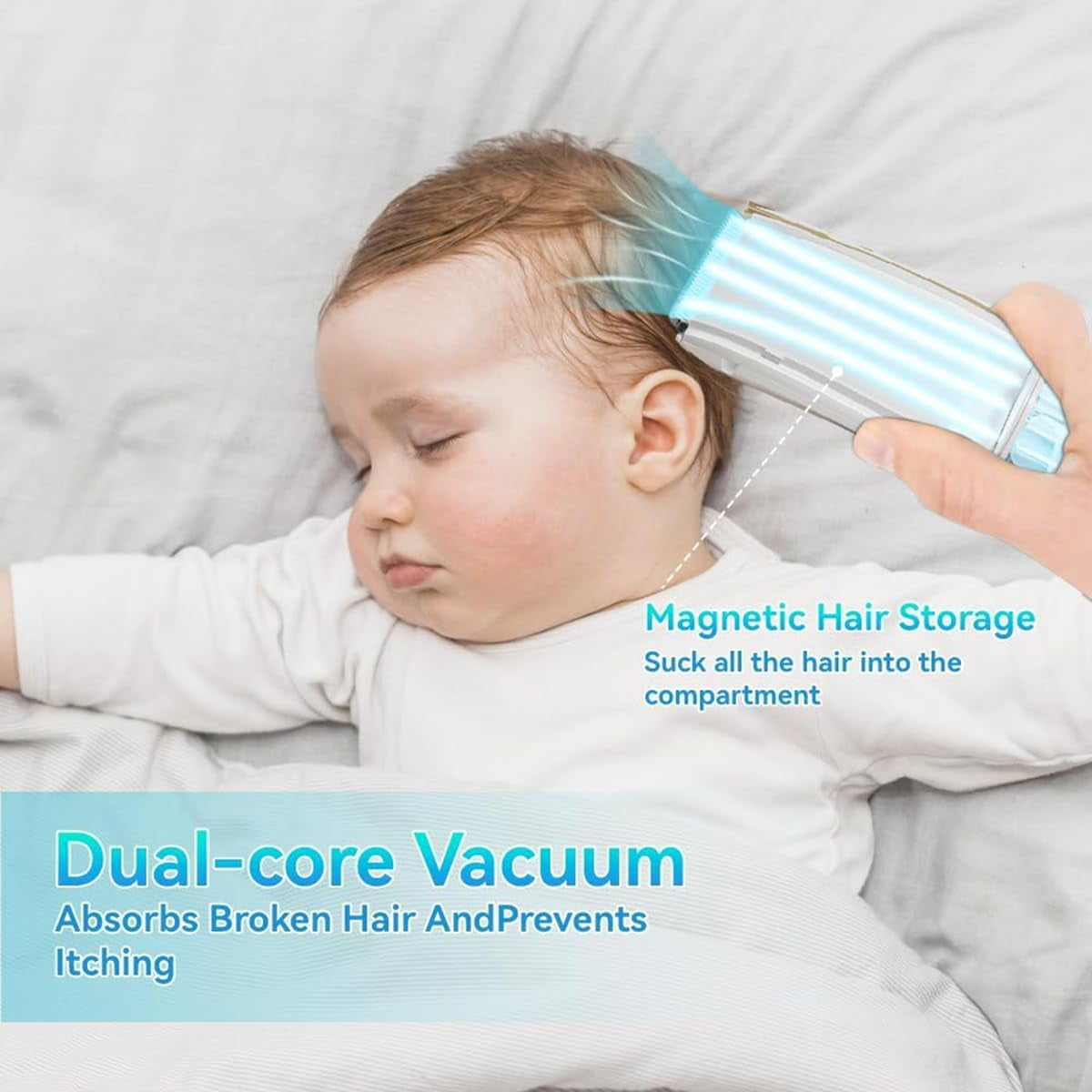 Ein Baby liegt auf einem Bett, während ein Handgerät mit blauem Licht Haare trimmt und absaugt.