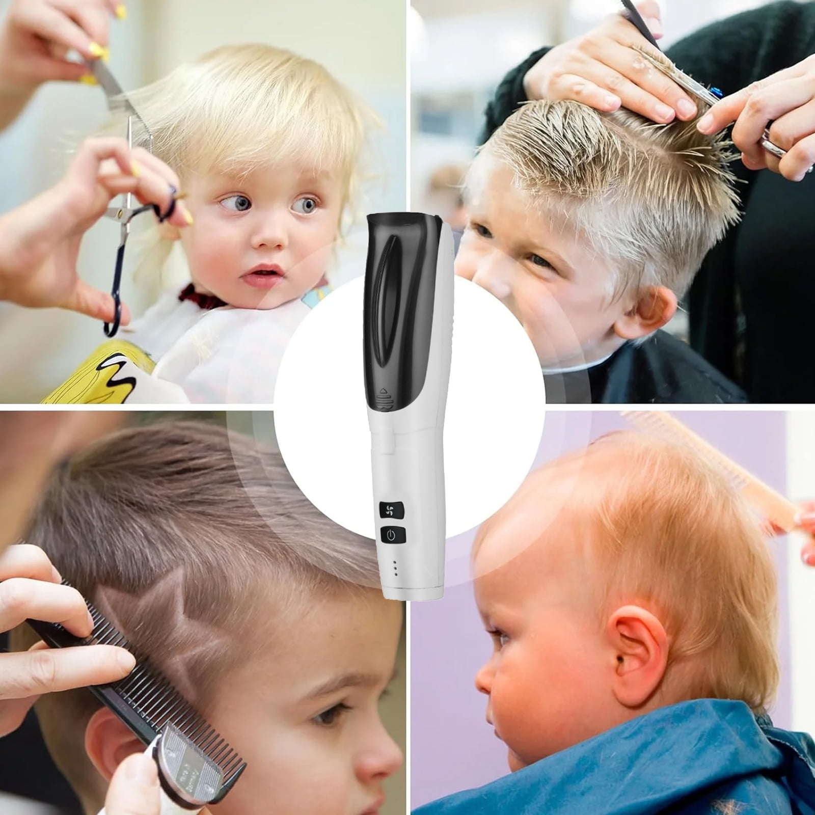 Ein weiß-schwarzer Haarschneider im Zentrum, umgeben von vier Bildern verschiedener Kinder beim Haareschneiden.