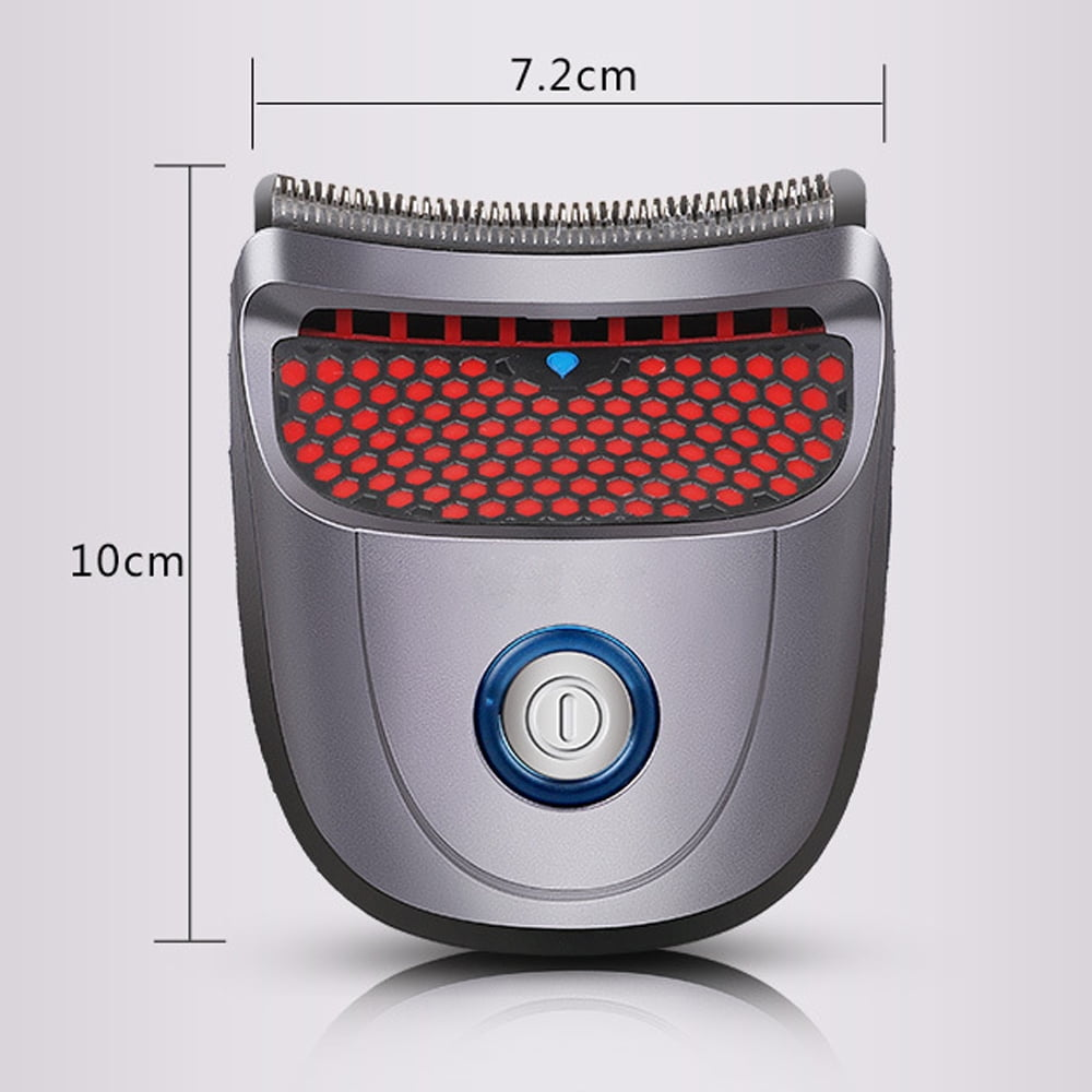 Grauer Elektrorasierer, 7,2 cm breit, 10 cm hoch, mit rotem Wabengitter und blauem Ein-Ausschalter.