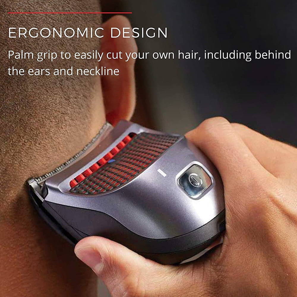 Hand hält ergonomischen Haarschneider am Nacken.