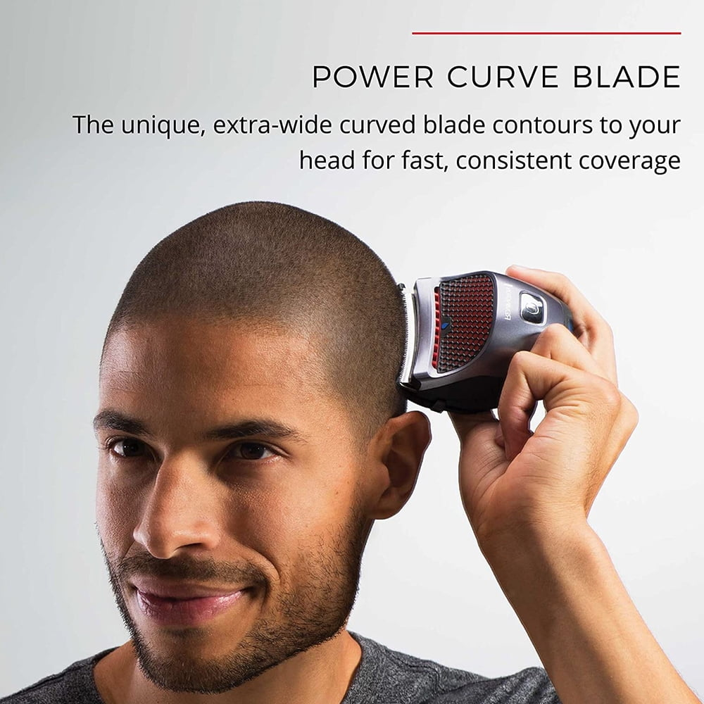 Ein Mann nutzt einen ergonomischen Haarschneider am Kopf mit Text und Produktmerkmalen.