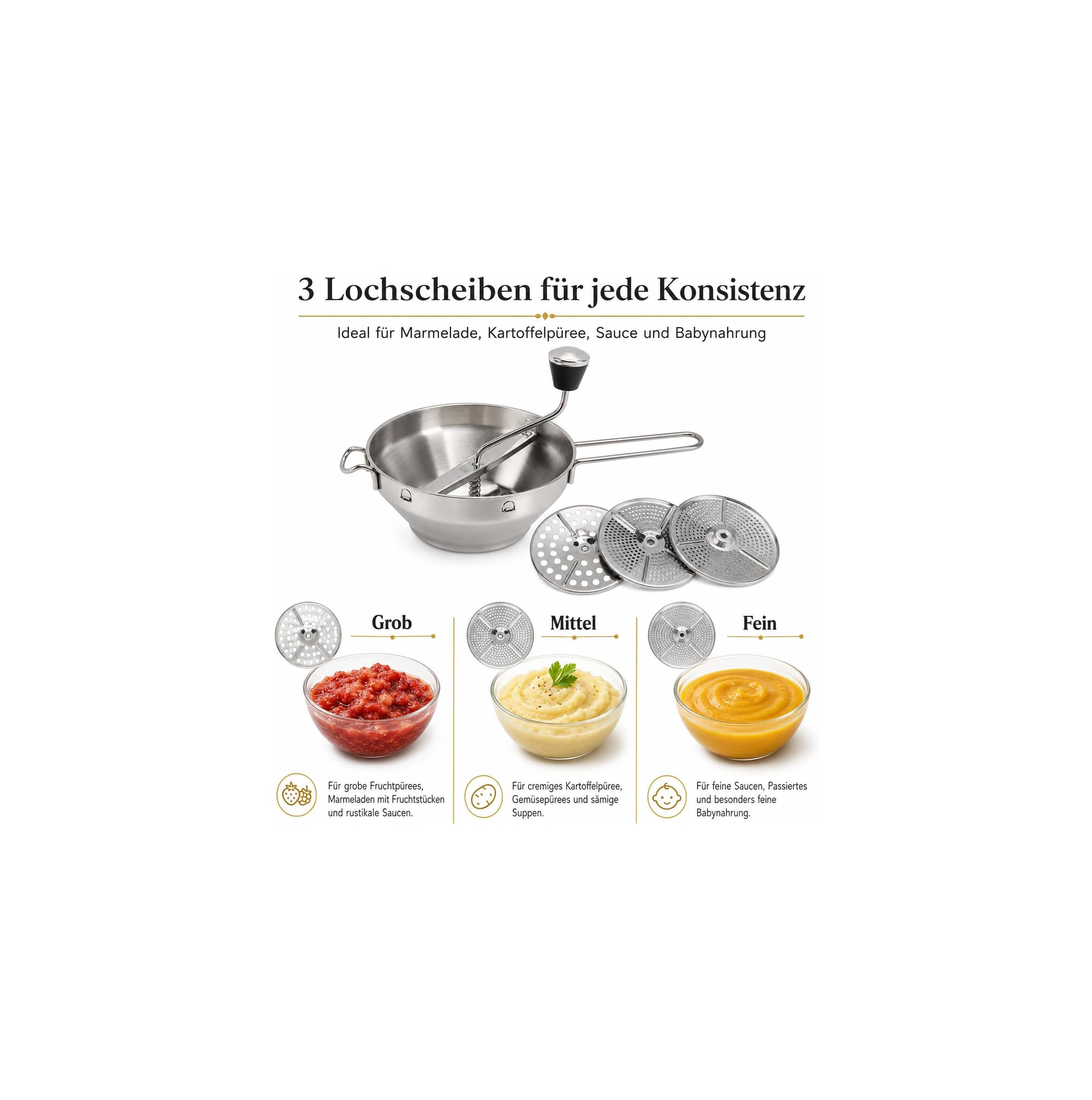 Edelstahl-Flotte Lotte mit drei Lochscheiben für grobes, mittleres und feines Püree.