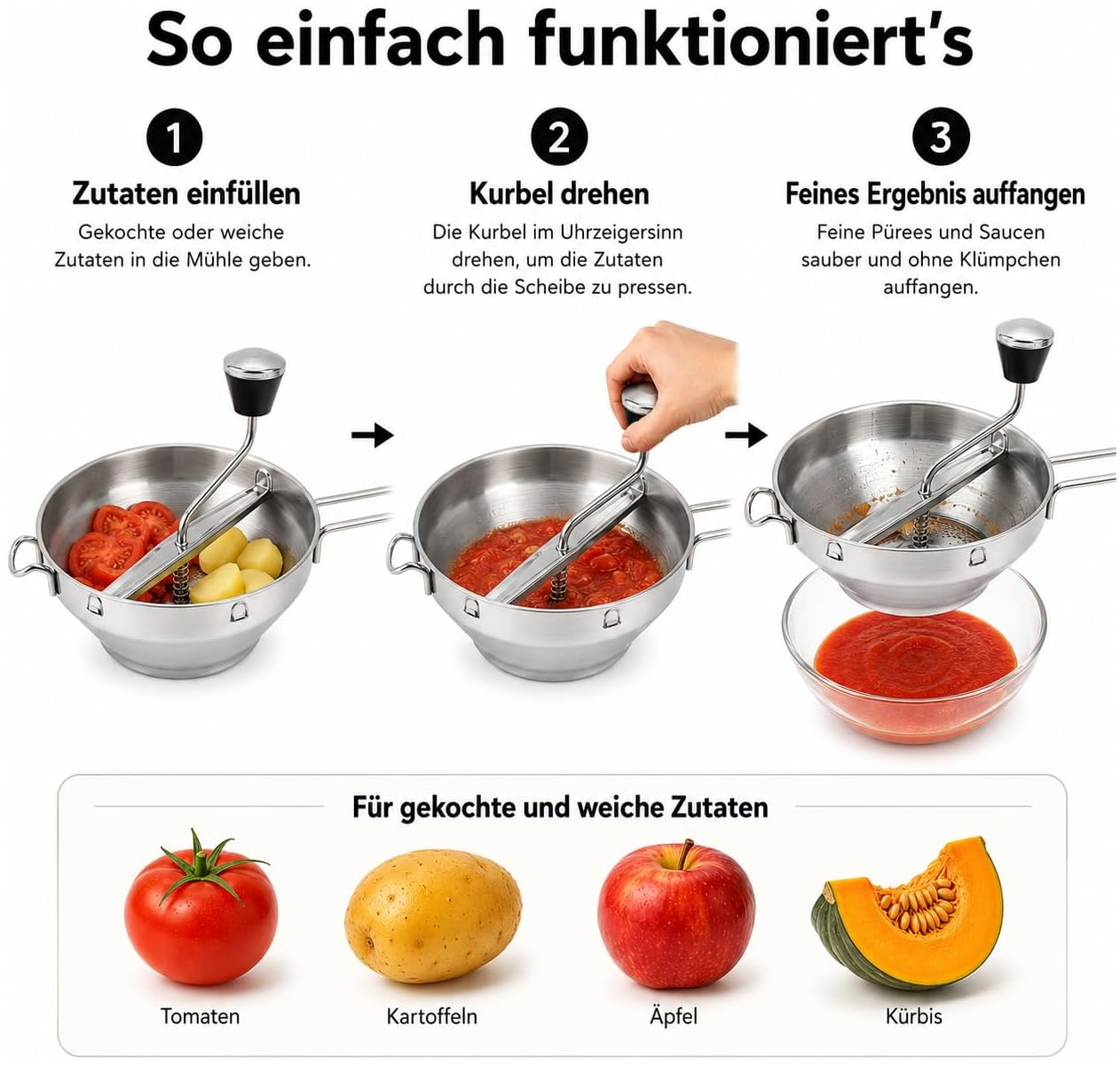 Anleitung zur Verwendung einer Gemüsemühle mit drei Schritten und Beispielen für weiche Zutaten.