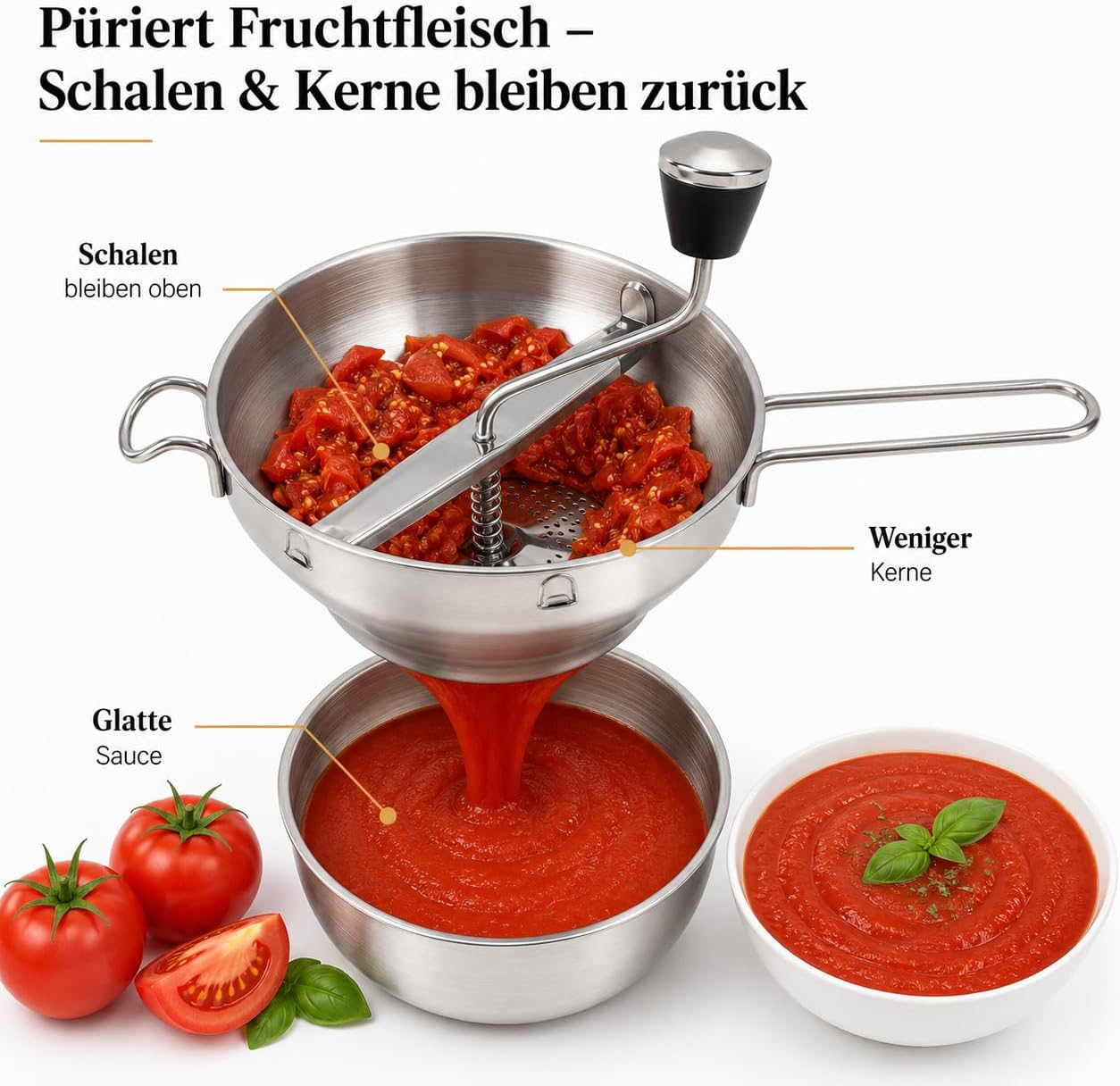 Edelstahl-Gemüsemühle trennt Schalen von Tomaten und erzeugt glatte Sauce.