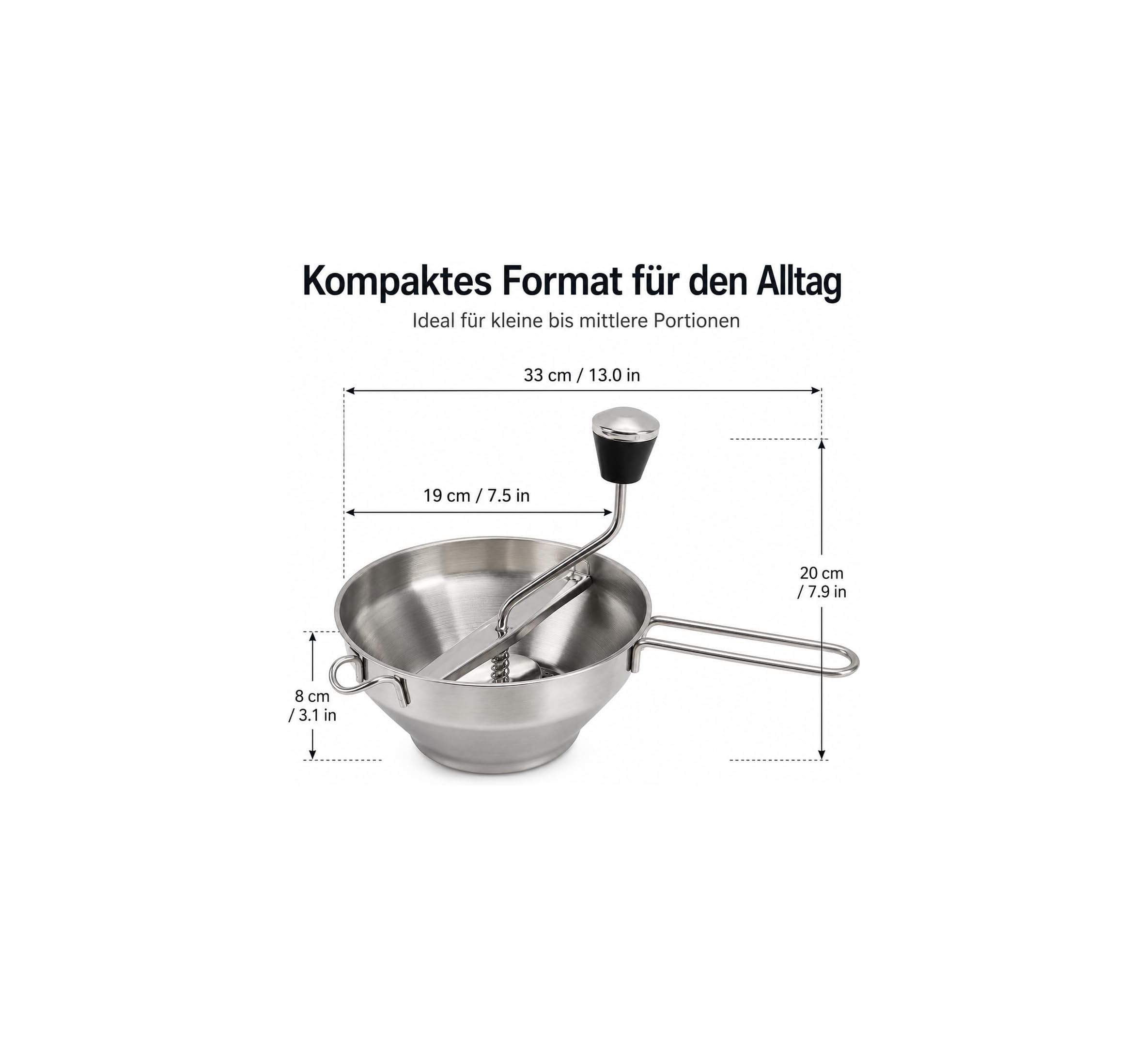 Edelstahl-Flotten-Lotte mit Maßen und Text über kompaktes Format.