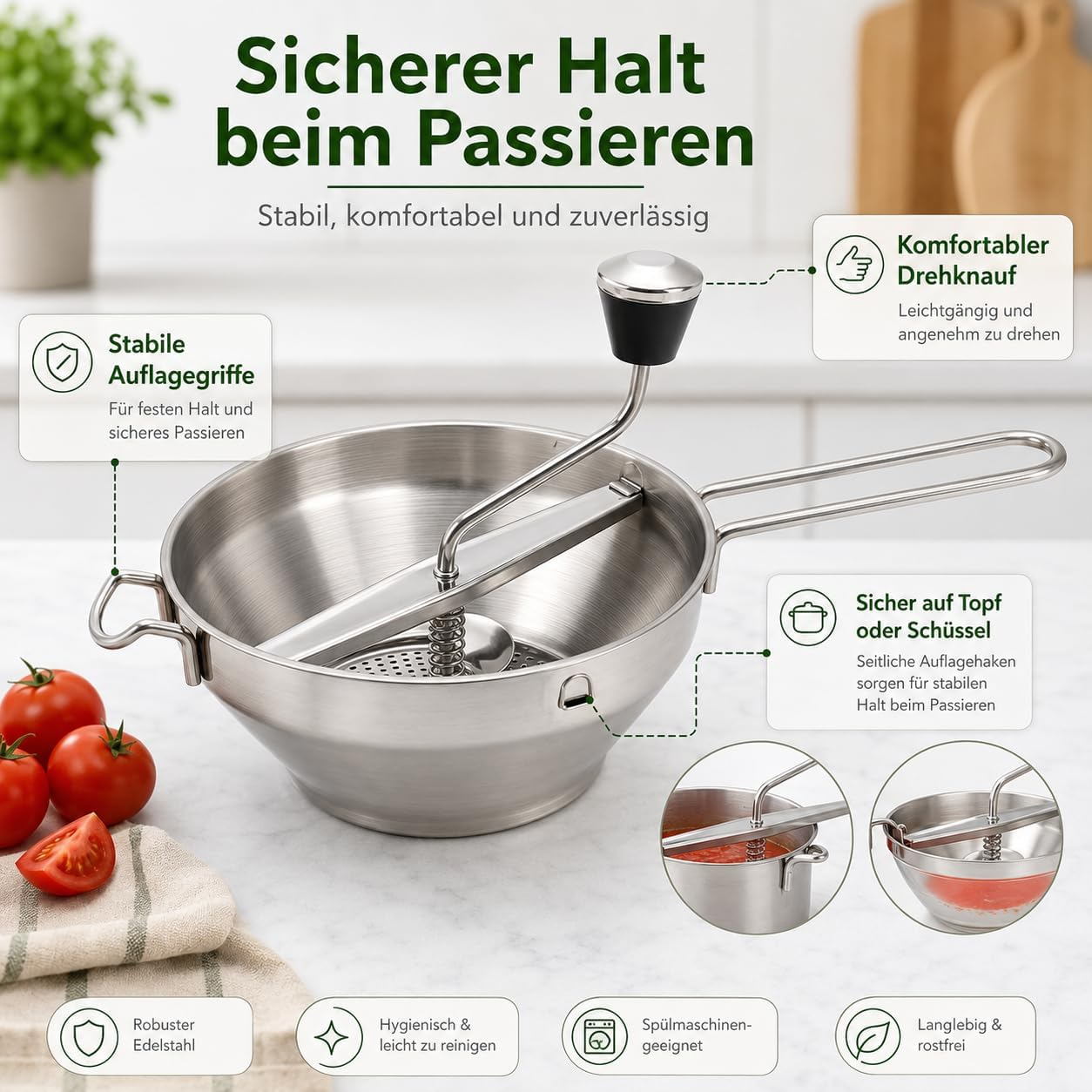 Edelstahl-Passiermühle mit Kurbel, Griffen und Infoboxen in einer Küche.