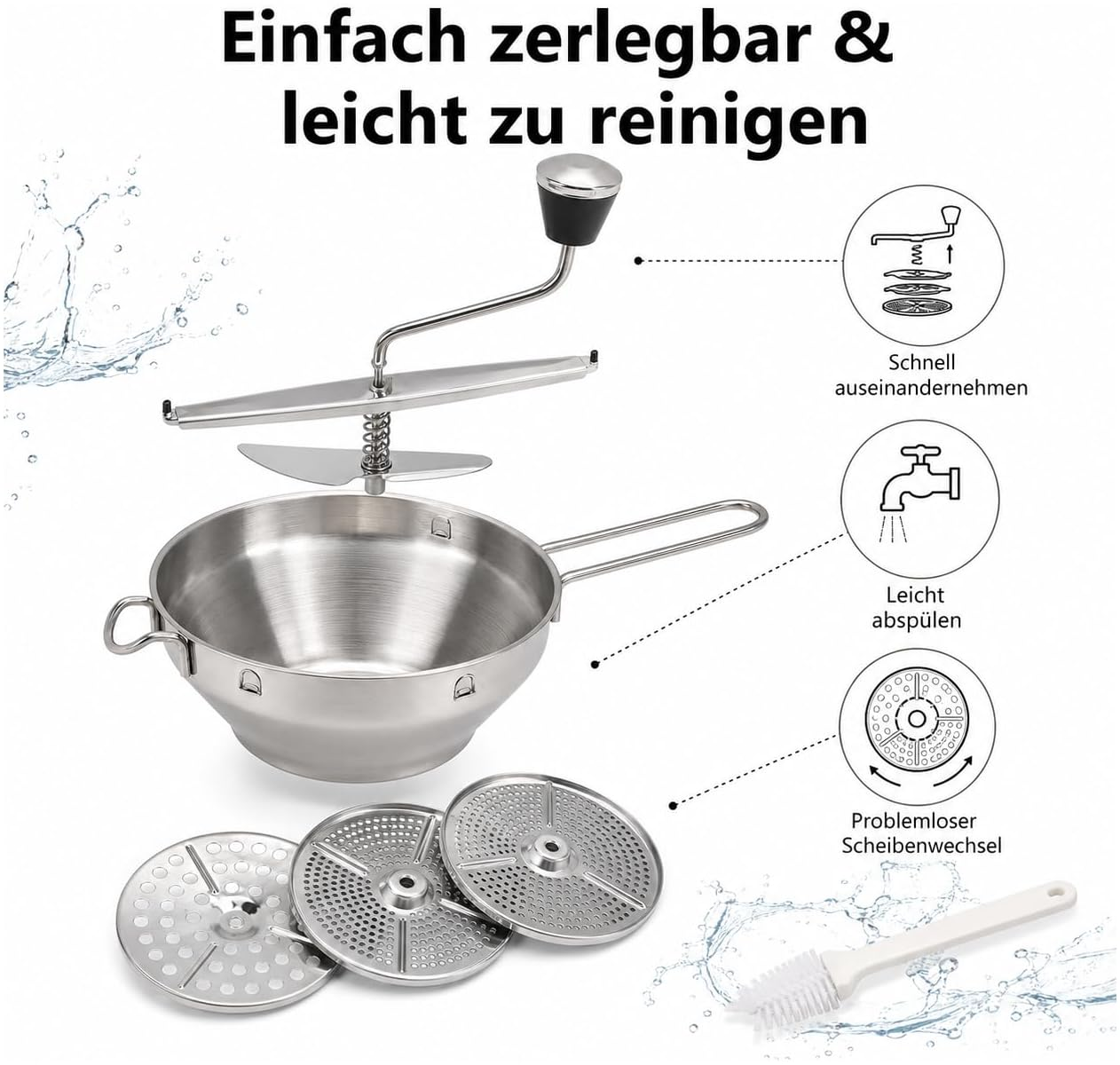 Edelstahl-Flotte Lotte mit abnehmbaren Teilen, drei Scheiben, Reinigungsbürste und Wasserspritzern.