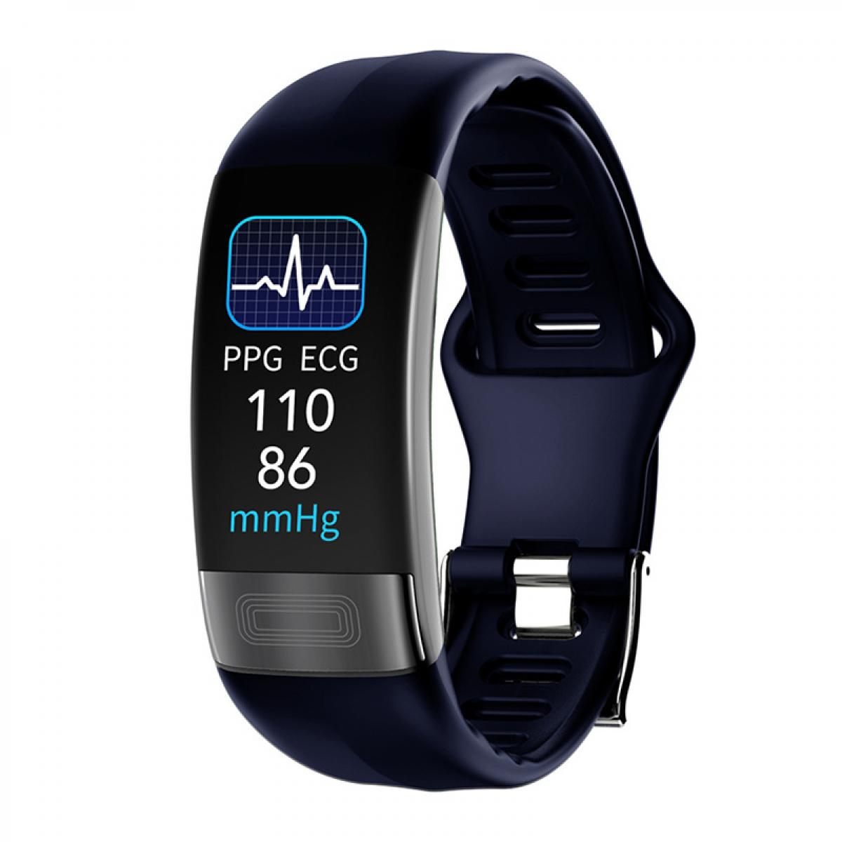 Dunkelblauer Fitness-Tracker mit Herzfrequenz- und Blutdruckanzeige auf dem Bildschirm.