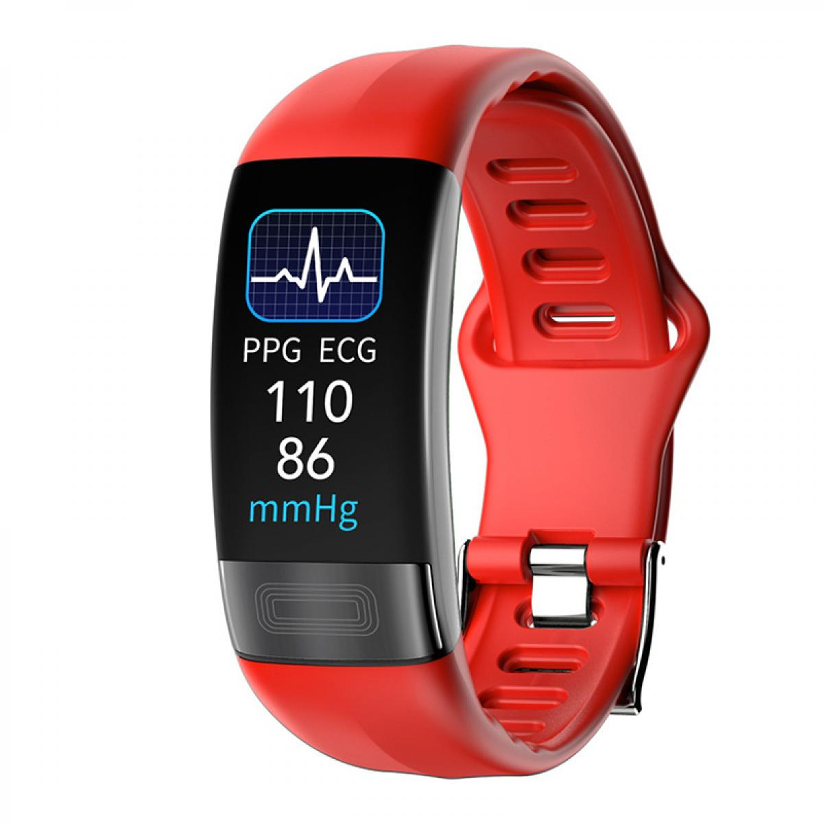Roter Fitness-Tracker mit schwarzem Bildschirm, der Herzfrequenz und Blutdruck anzeigt.
