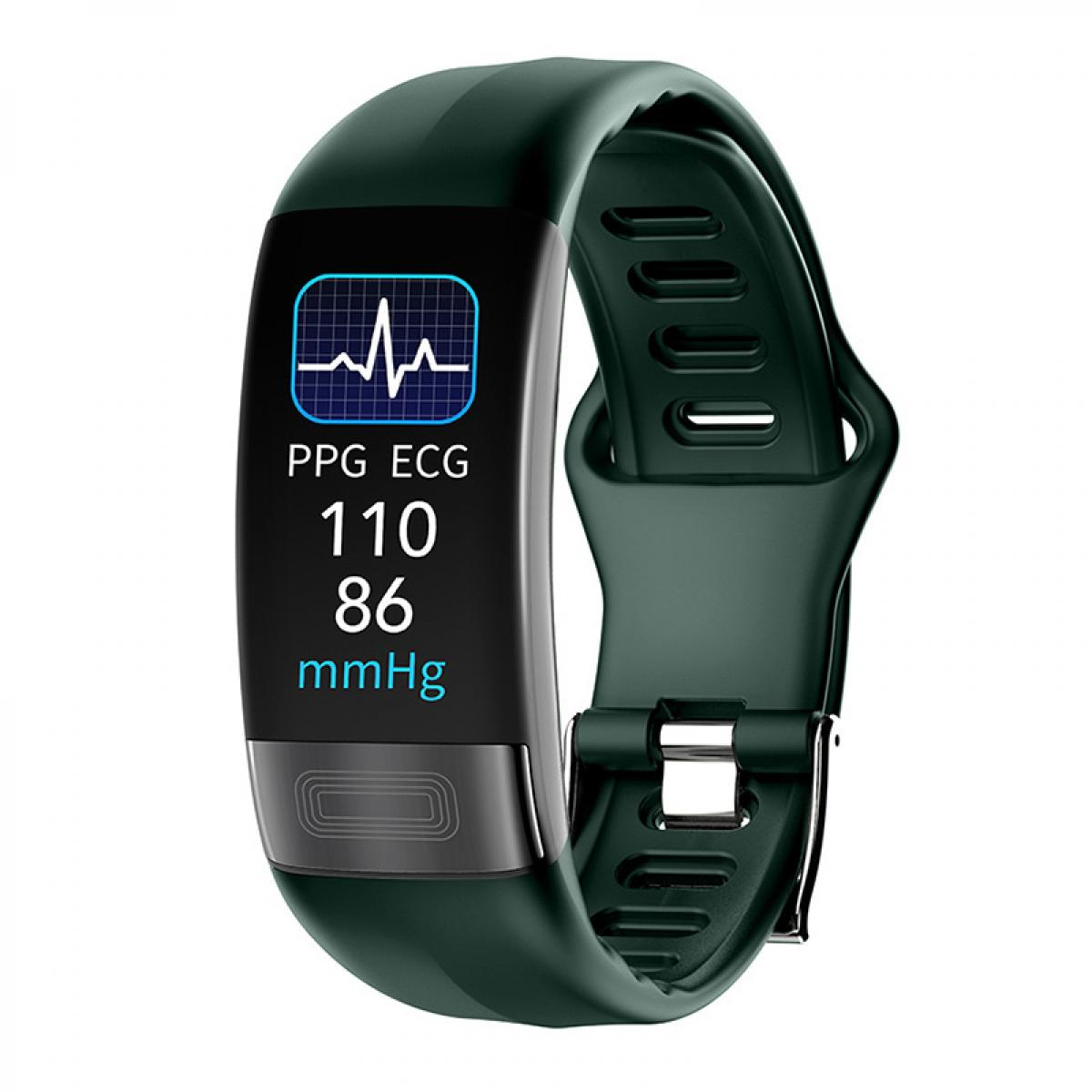 Grünes Fitnessarmband mit schwarzem Display, das PPG-ECG-Daten und Herzfrequenz anzeigt.