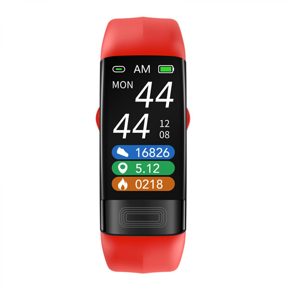 Roter Fitness-Tracker mit schwarzem Bildschirm, der Uhrzeit, Datum und Aktivitätsdaten anzeigt.