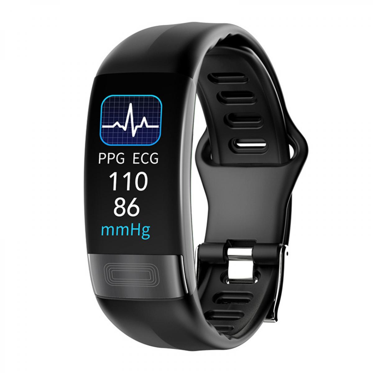 Ein schwarzer Fitness-Tracker mit Herzfrequenz- und Blutdruckanzeige auf dem Display.