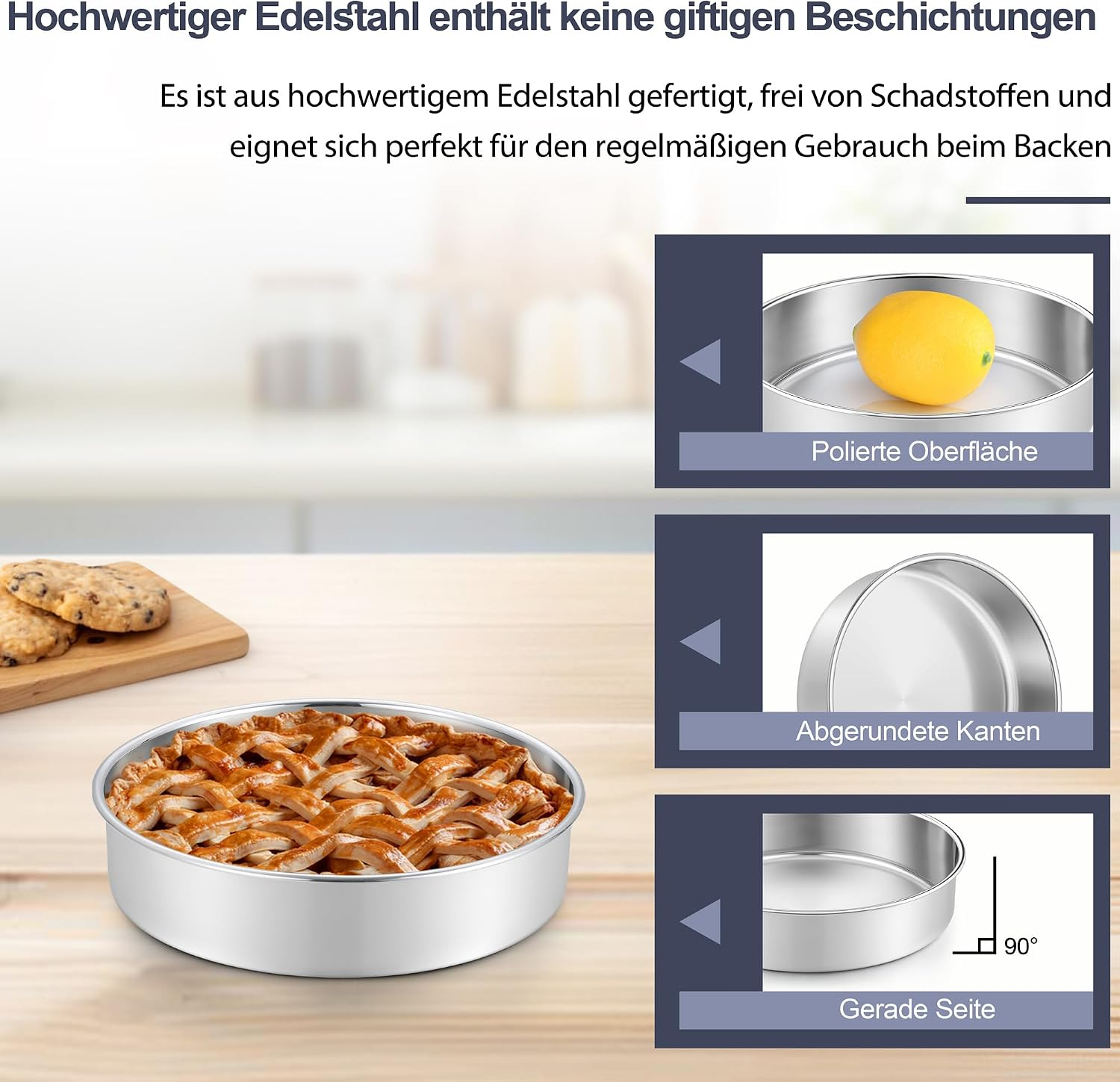 Edelstahl-Backform mit Kuchen, Inset-Bilder zeigen Oberfläche, Kanten und gerade Seiten.