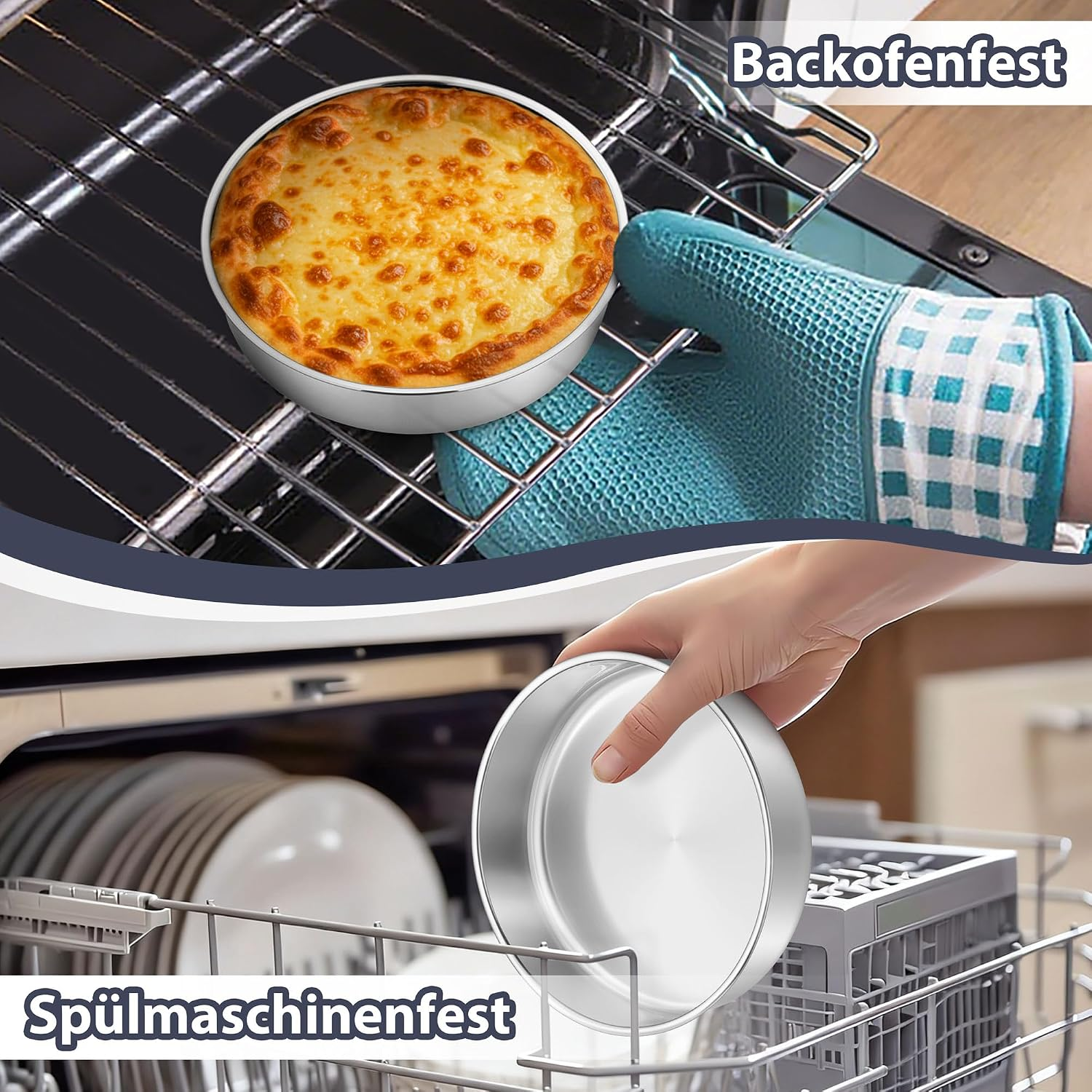 Oben: Ein Auflauf im Ofen mit blauem Handschuh. Unten: Eine Hand stellt eine Metallpfanne in den Geschirrspüler.