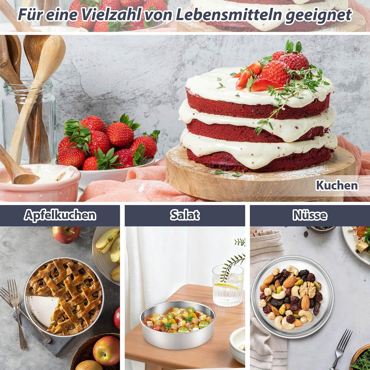 Verschiedene Lebensmittel in Schalen und Formen, darunter Kuchen, Apfelkuchen, Salat und Nüsse.