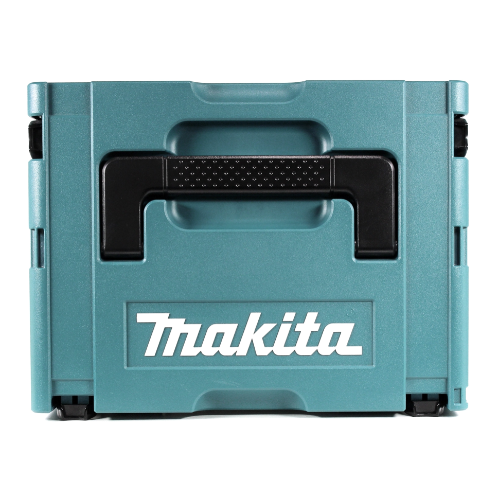 Türkisfarbener Makita-Werkzeugkasten aus Kunststoff mit schwarzem Griff und weißem Logo auf weißem Hintergrund.