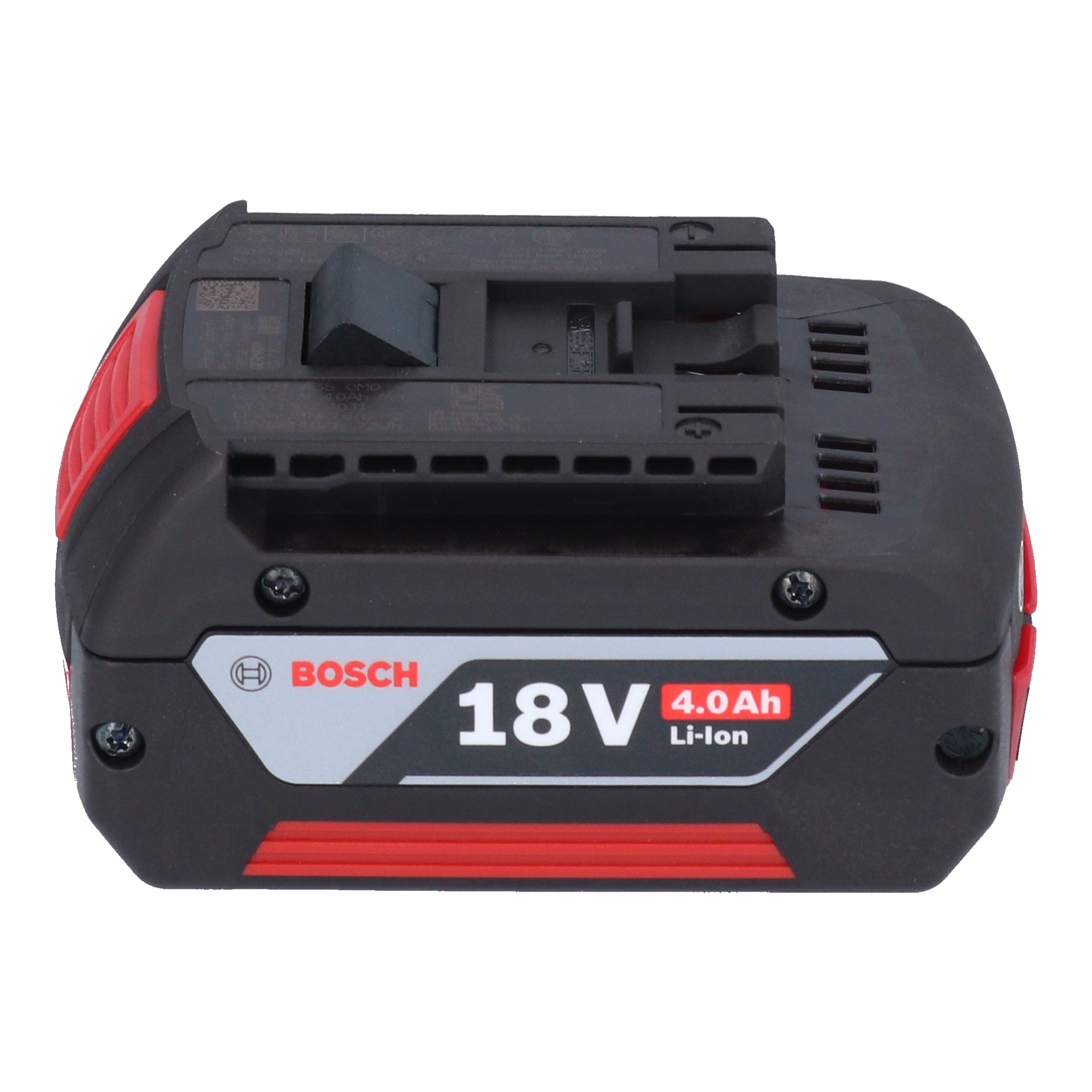 Schwarzer Bosch 18V Li-Ion Akku mit 4.0Ah, roten Akzenten und Schiebemechanismus.