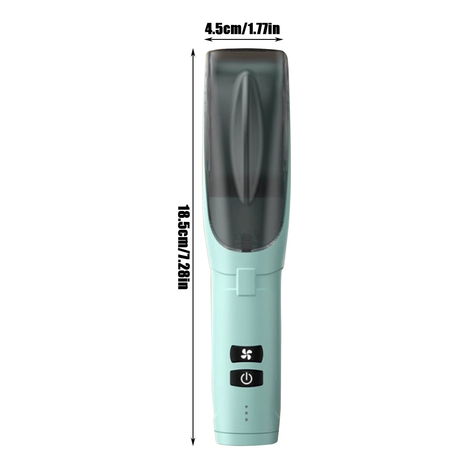 Ein mintgrüner und grauer tragbarer Ventilator mit Maßangaben von 18.5cm Höhe und 4.5cm Breite.