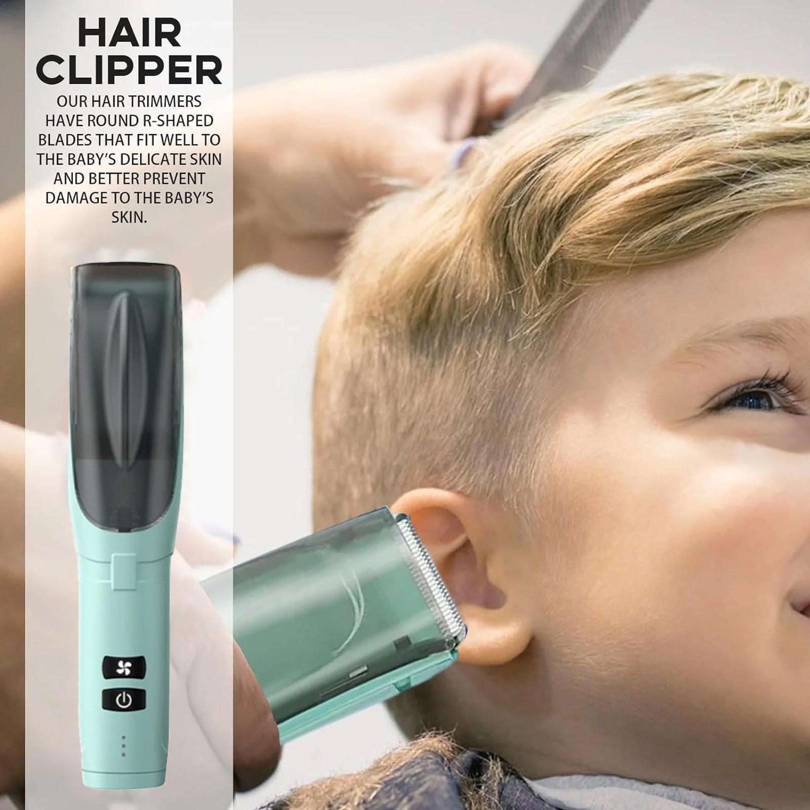 Ein hellblauer Haarschneider schneidet vorsichtig die Haare eines lächelnden Jungen.