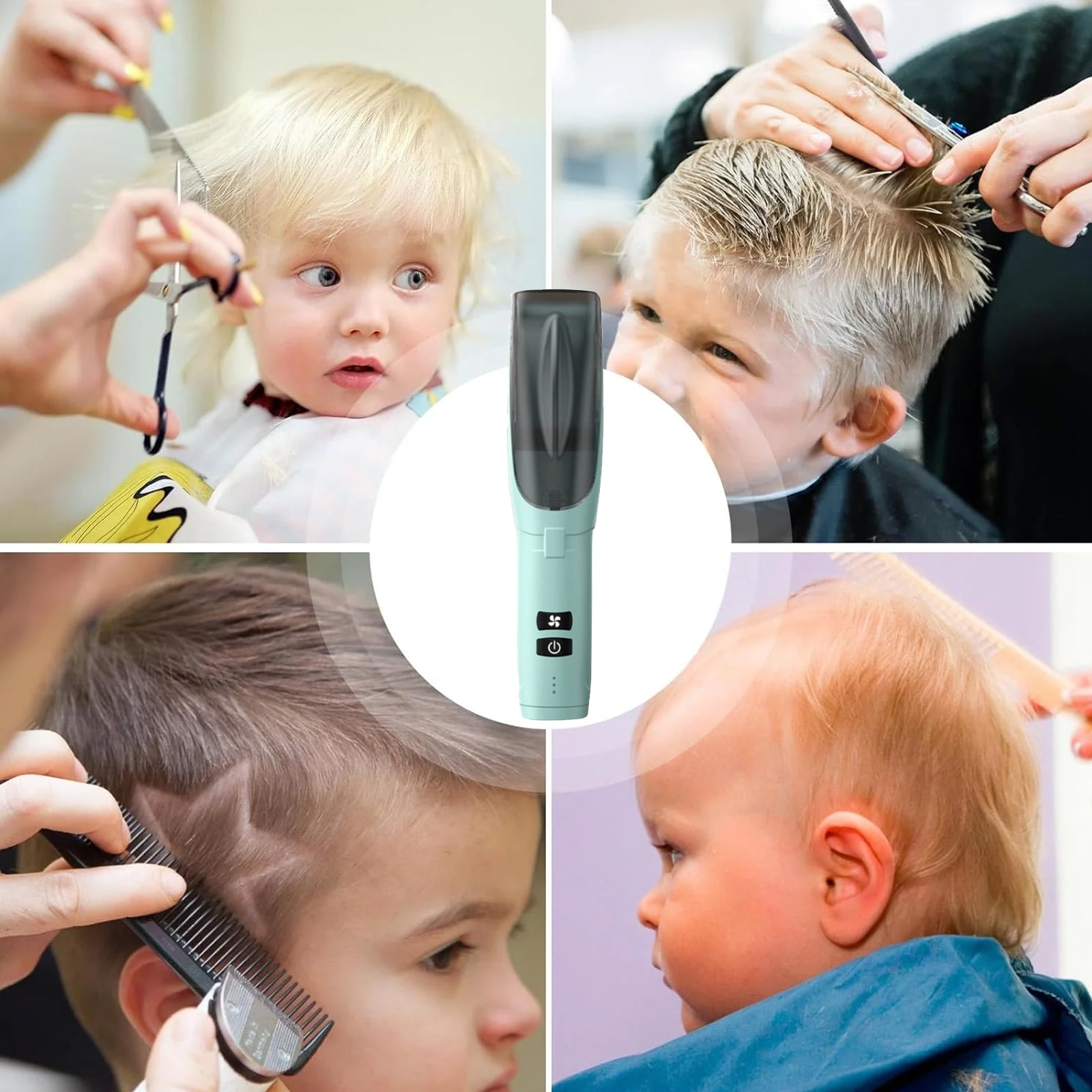 Eine grüne Haarschneidemaschine im Zentrum, umgeben von Bildern von Kindern, die Haarschnitte bekommen.