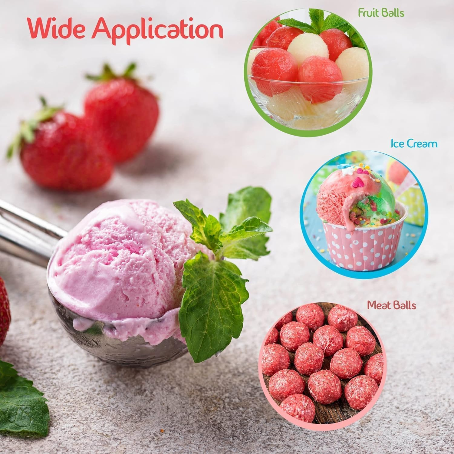 Eisportionierer mit rosa Eis, Erdbeeren, Fruchtbällchen, Eiscreme im Becher und Fleischbällchen.