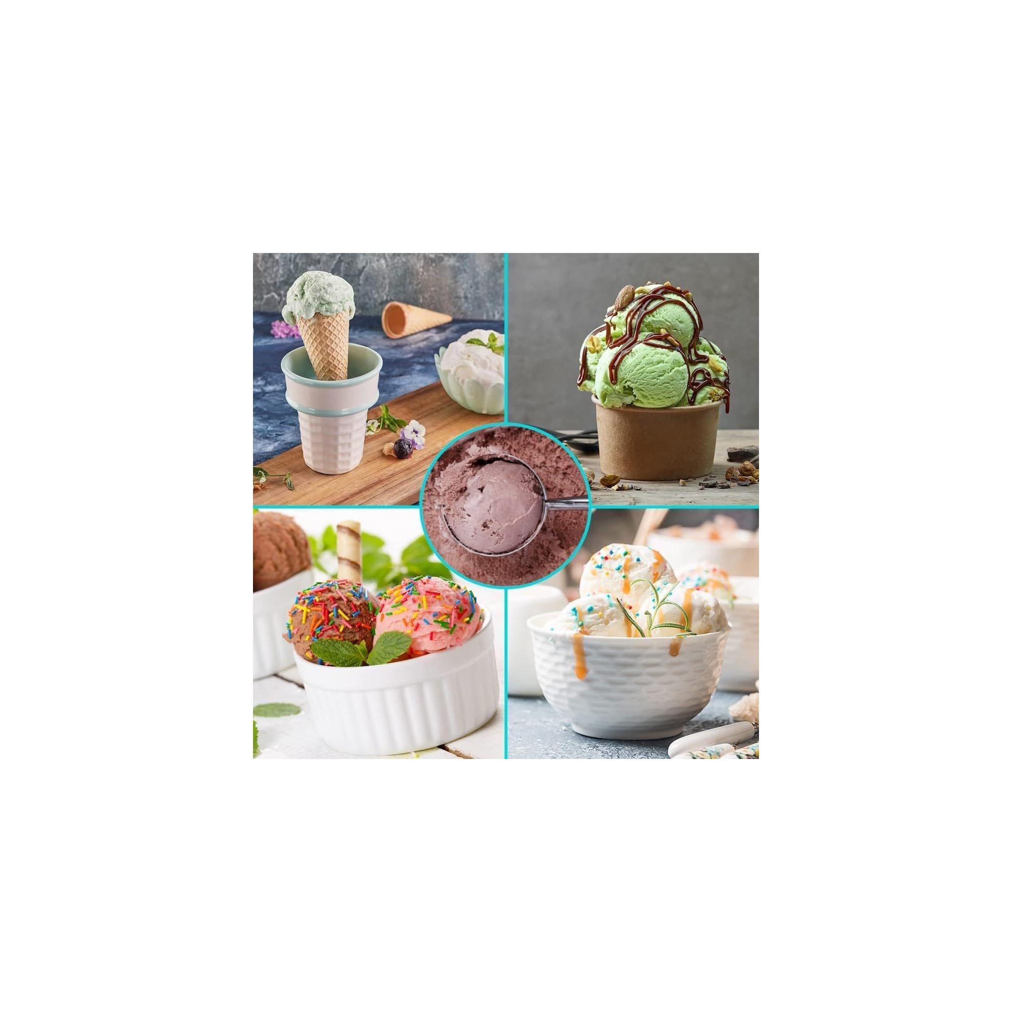 Eine Collage mit verschiedenen Eissorten in Waffeln und Schüsseln mit Toppings.