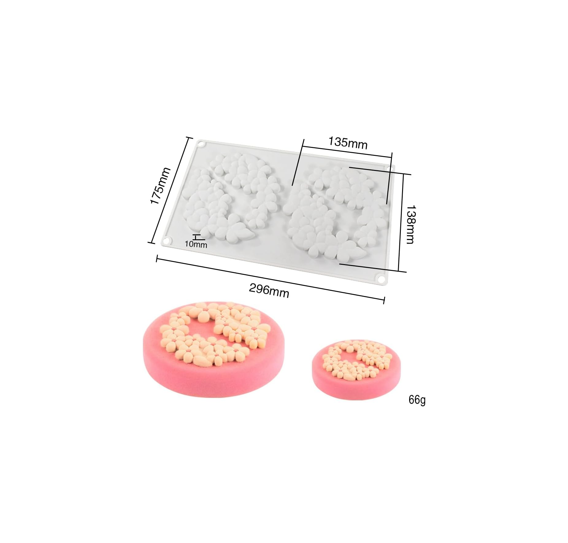 Weisse Silikonform mit Blumenmotiv und zwei rosa runden Dekorationen, mit Abmessungen in Millimetern.